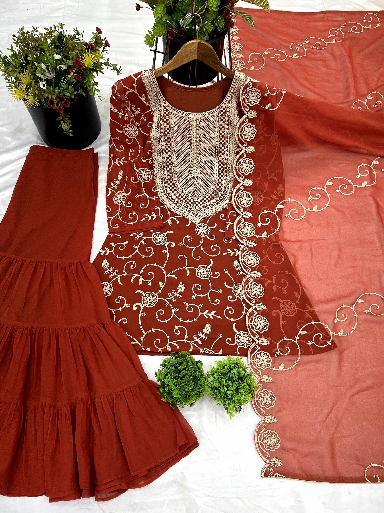 Enticing Georgette Embroidered Ruffle Top Sharara Suit