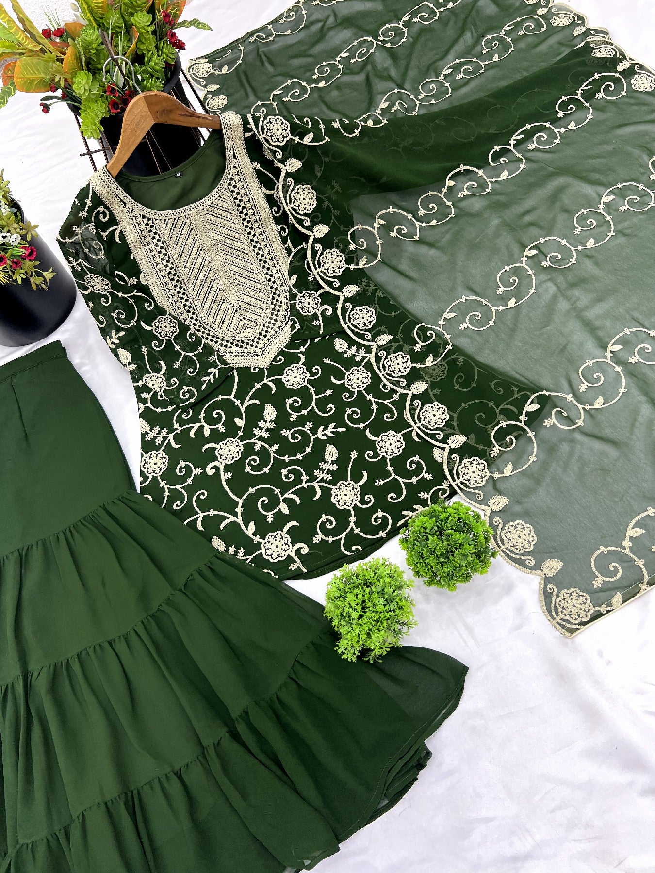 Enticing Georgette Embroidered Ruffle Top Sharara Suit