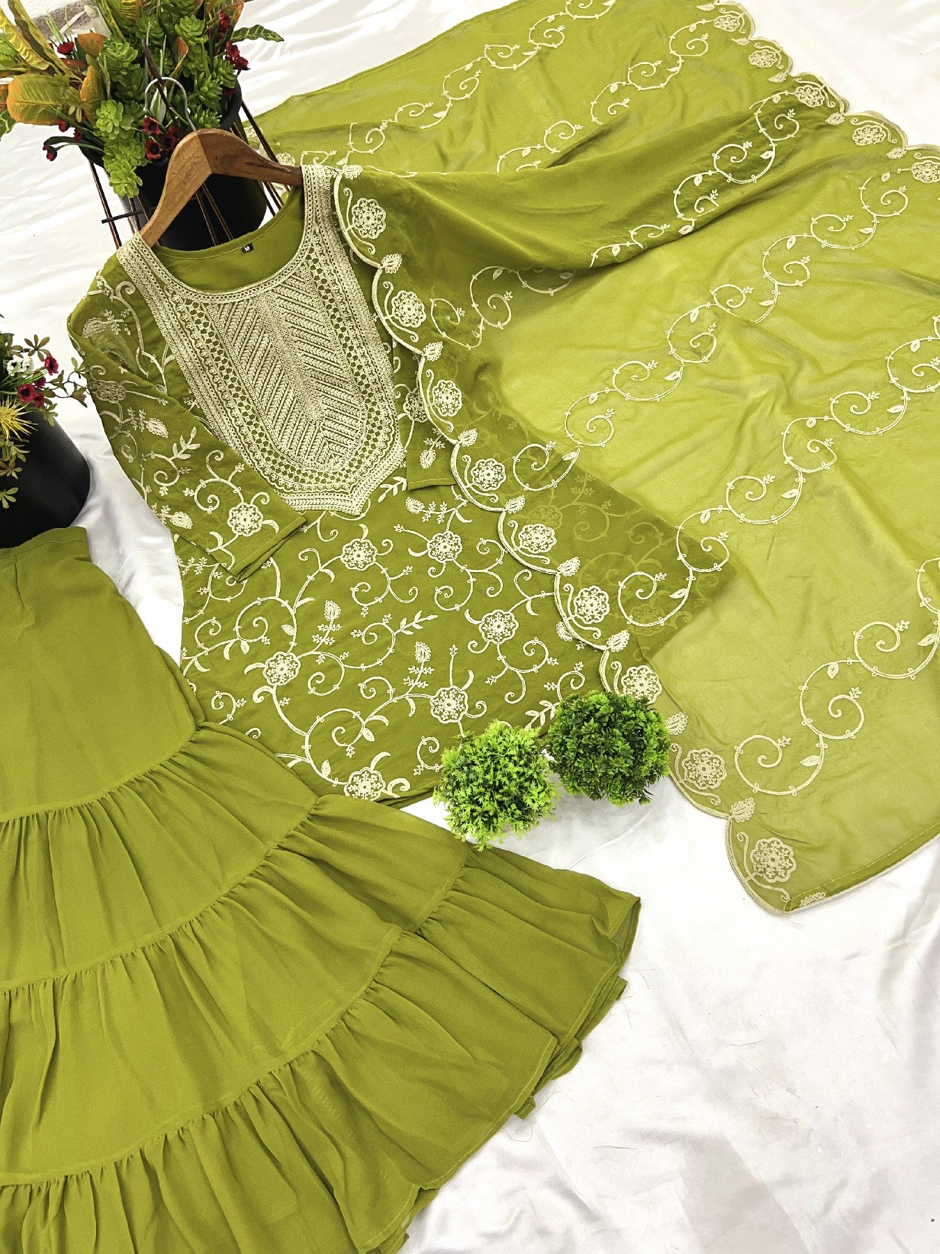 Enticing Georgette Embroidered Ruffle Top Sharara Suit