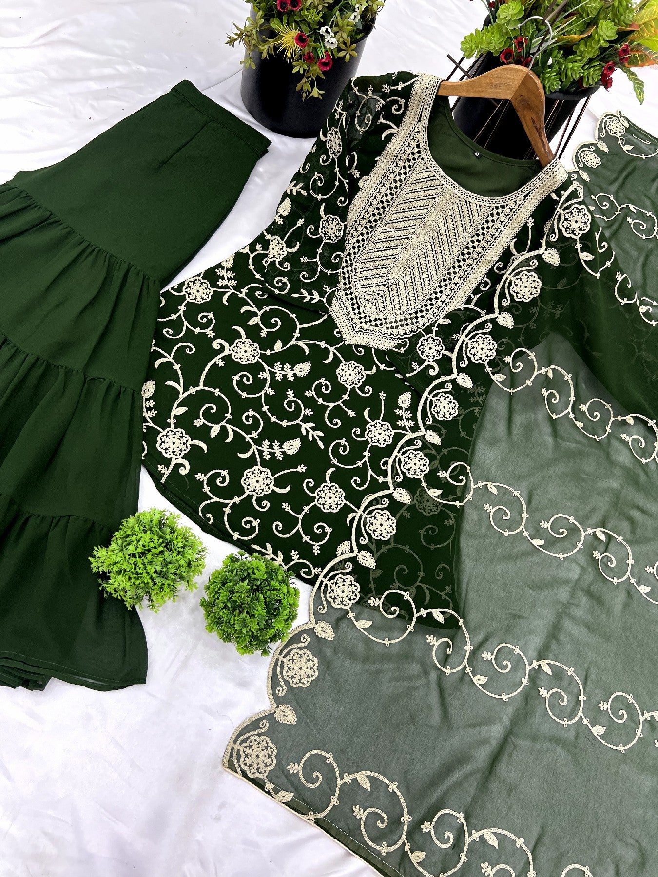 Enticing Georgette Embroidered Ruffle Top Sharara Suit