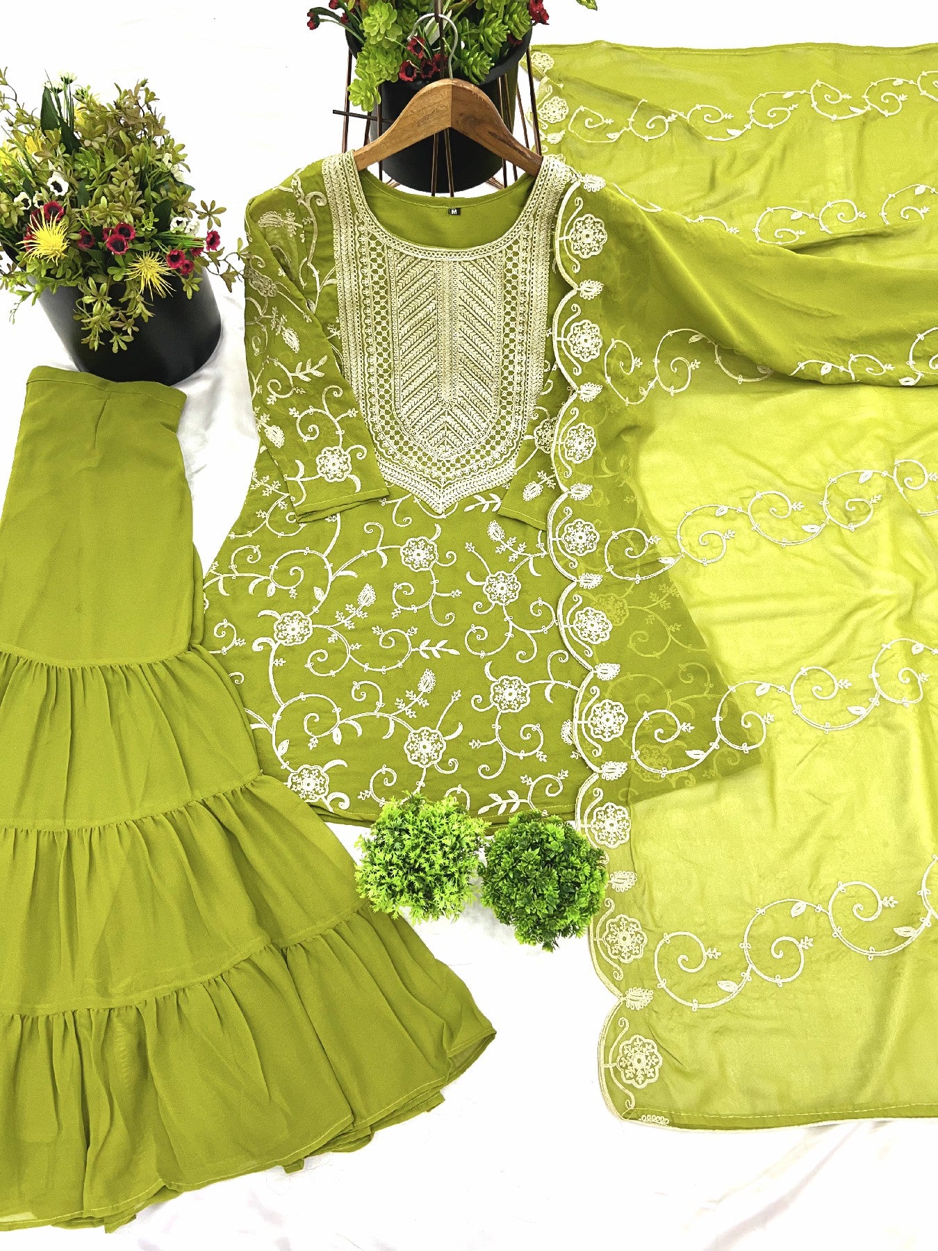 Enticing Georgette Embroidered Ruffle Top Sharara Suit
