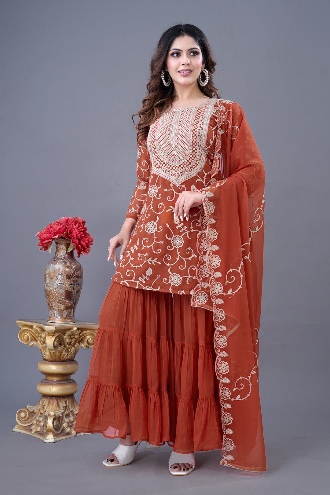 Enticing Georgette Embroidered Ruffle Top Sharara Suit