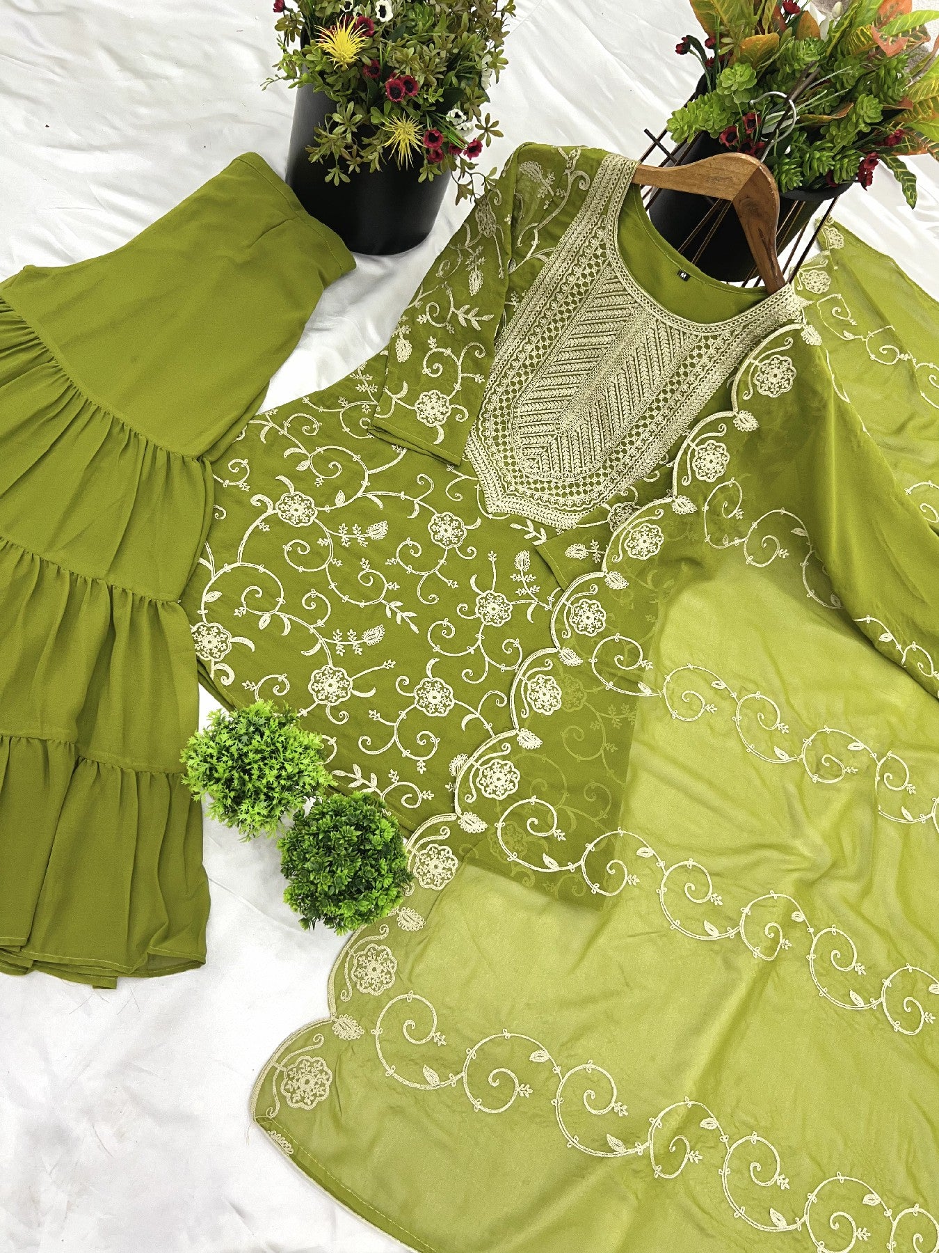 Enticing Georgette Embroidered Ruffle Top Sharara Suit