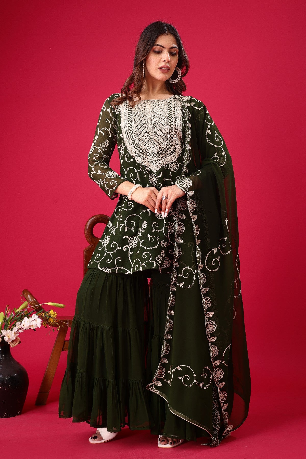 Enticing Georgette Embroidered Ruffle Top Sharara Suit