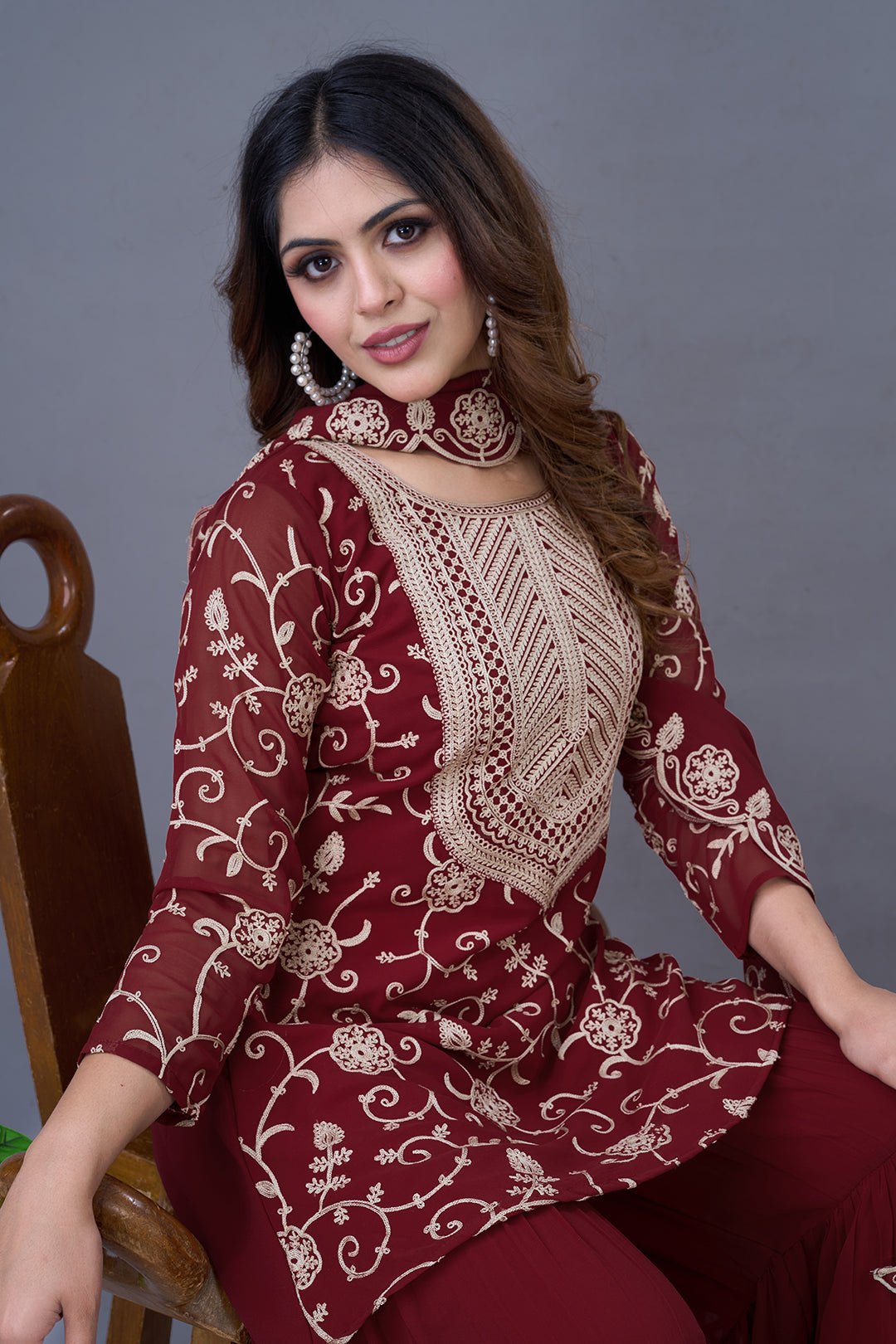 Enticing Georgette Embroidered Ruffle Top Sharara Suit