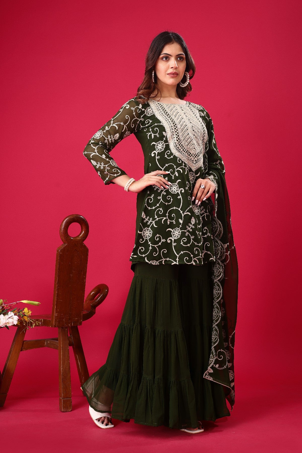 Enticing Georgette Embroidered Ruffle Top Sharara Suit