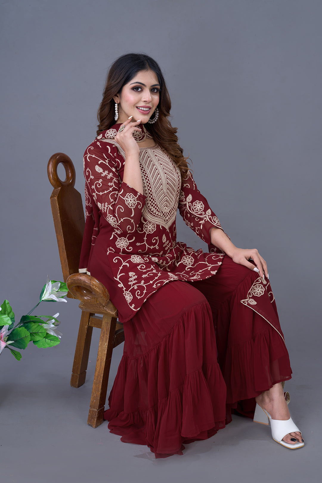 Enticing Georgette Embroidered Ruffle Top Sharara Suit
