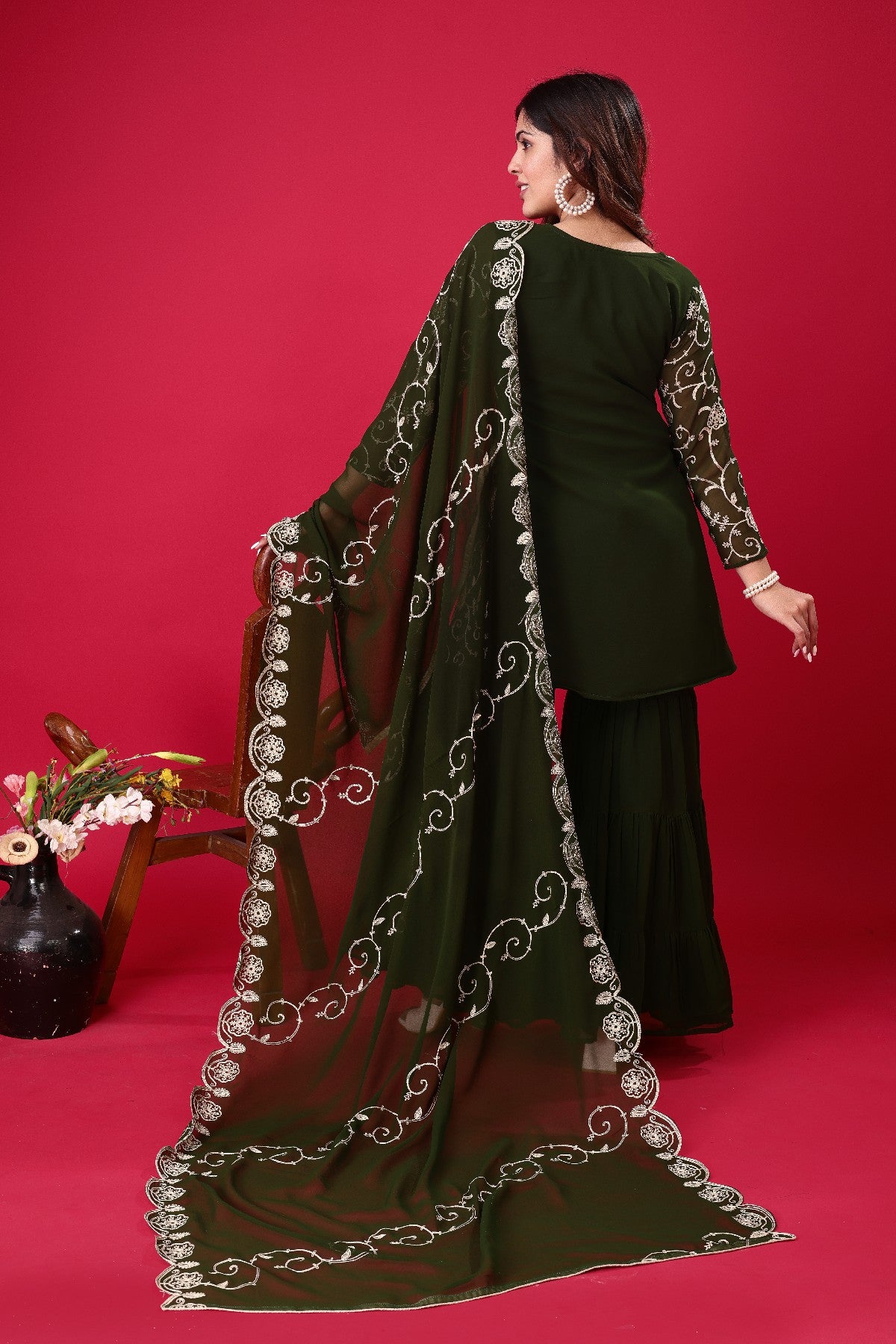 Enticing Georgette Embroidered Ruffle Top Sharara Suit