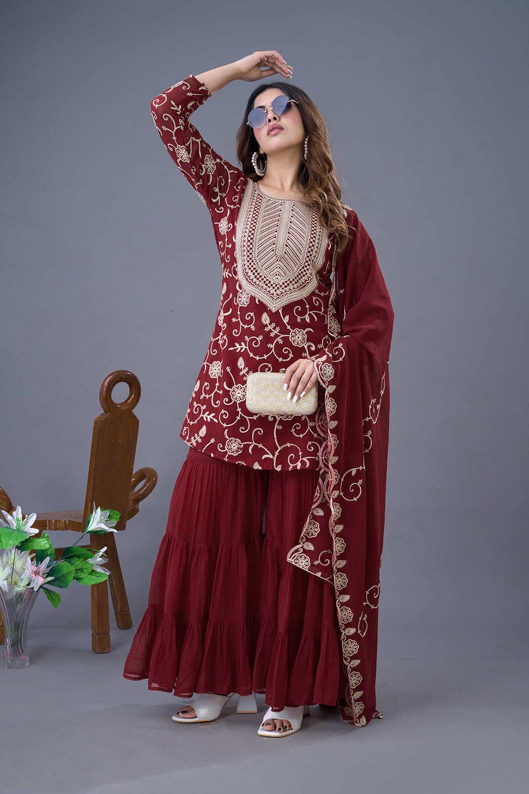 Enticing Georgette Embroidered Ruffle Top Sharara Suit