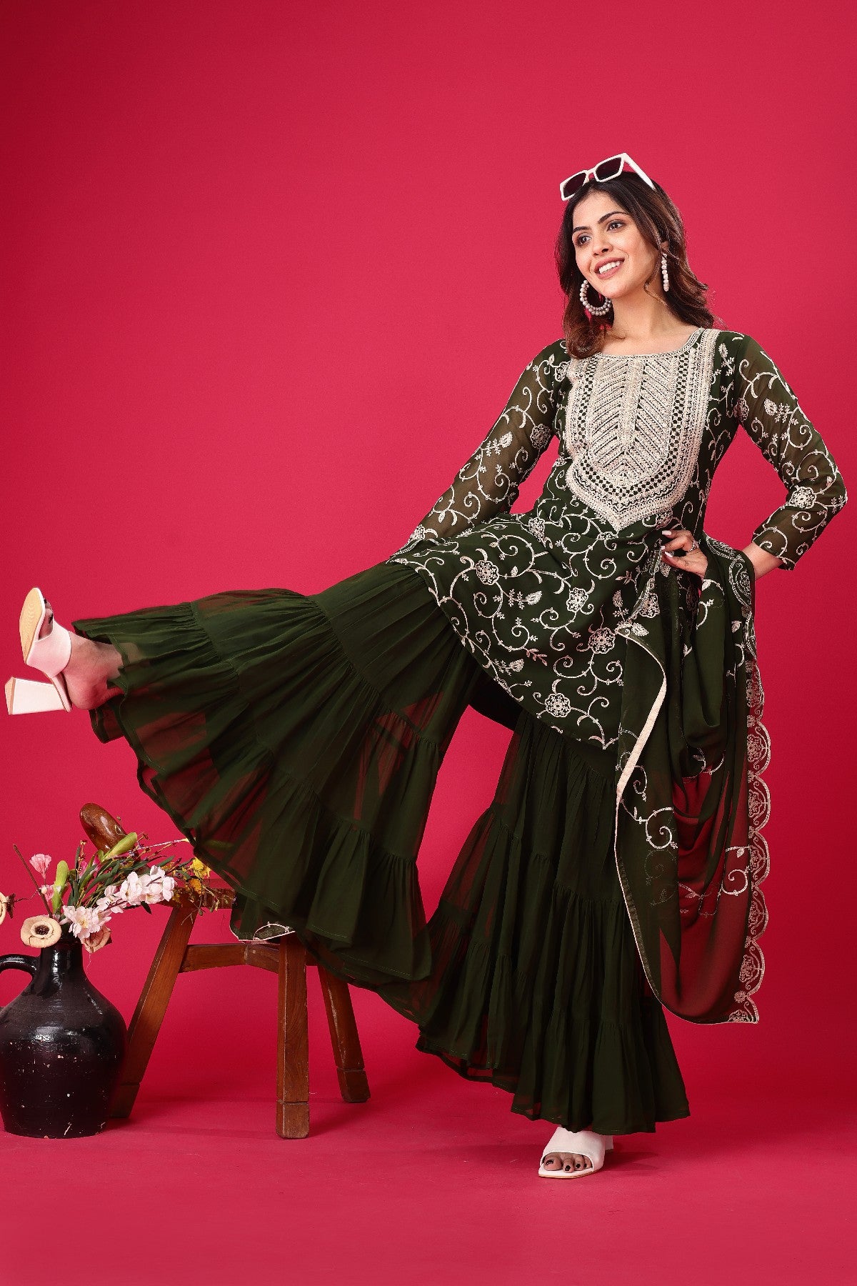 Enticing Georgette Embroidered Ruffle Top Sharara Suit