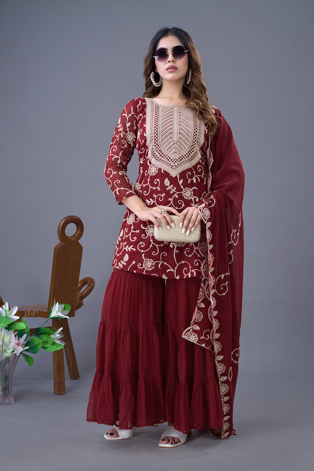 Enticing Georgette Embroidered Ruffle Top Sharara Suit