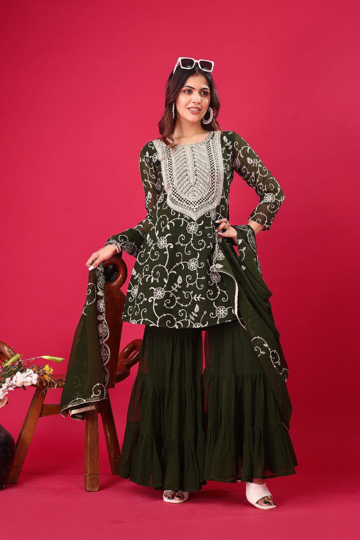 Enticing Georgette Embroidered Ruffle Top Sharara Suit
