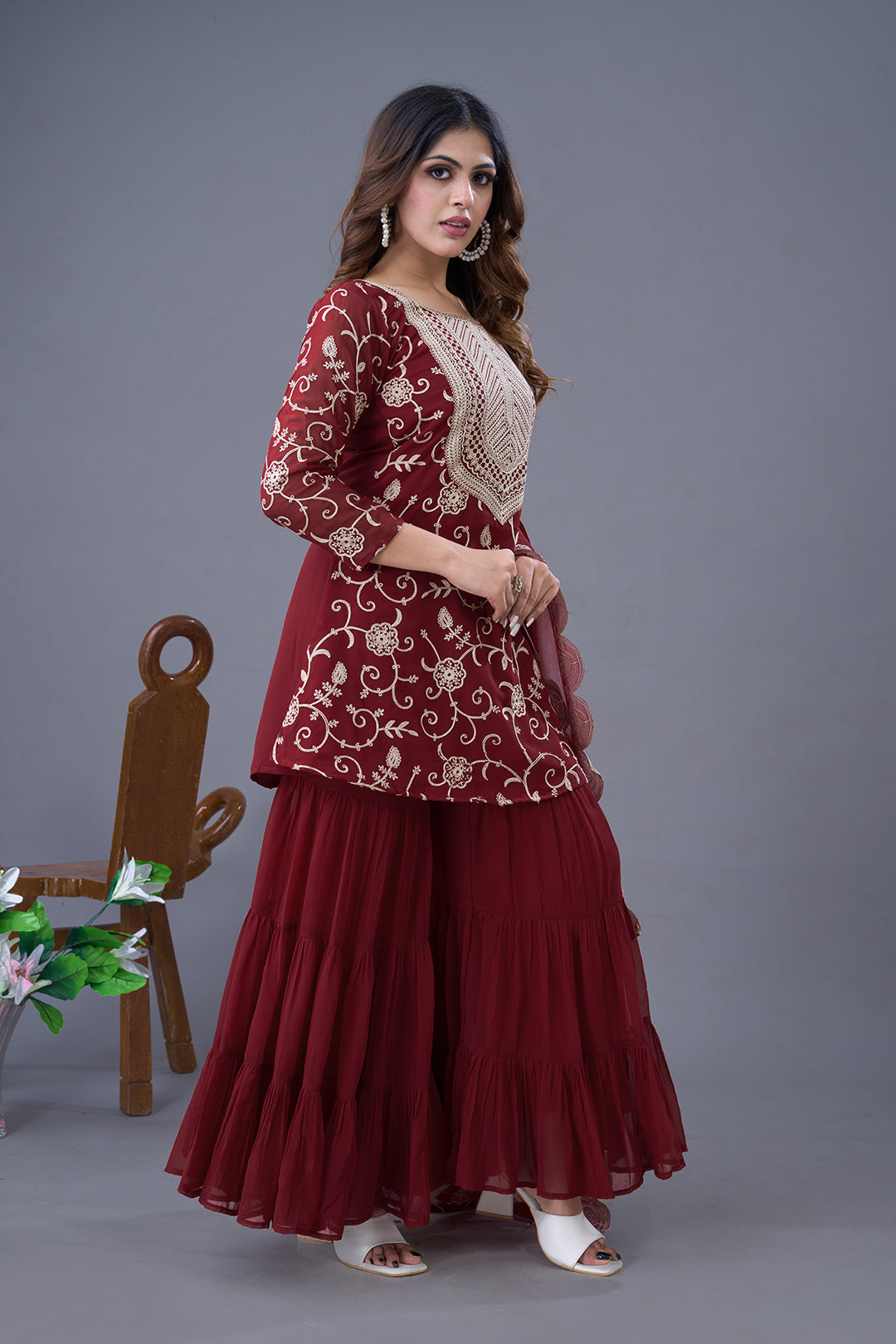 Enticing Georgette Embroidered Ruffle Top Sharara Suit