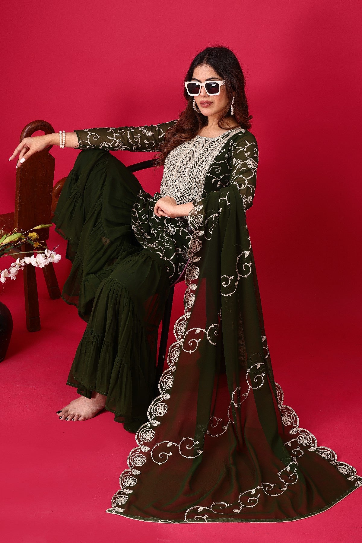 Enticing Georgette Embroidered Ruffle Top Sharara Suit