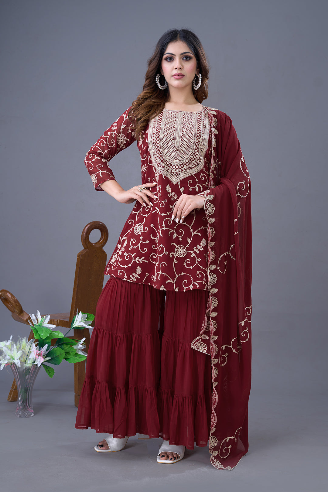 Enticing Georgette Embroidered Ruffle Top Sharara Suit