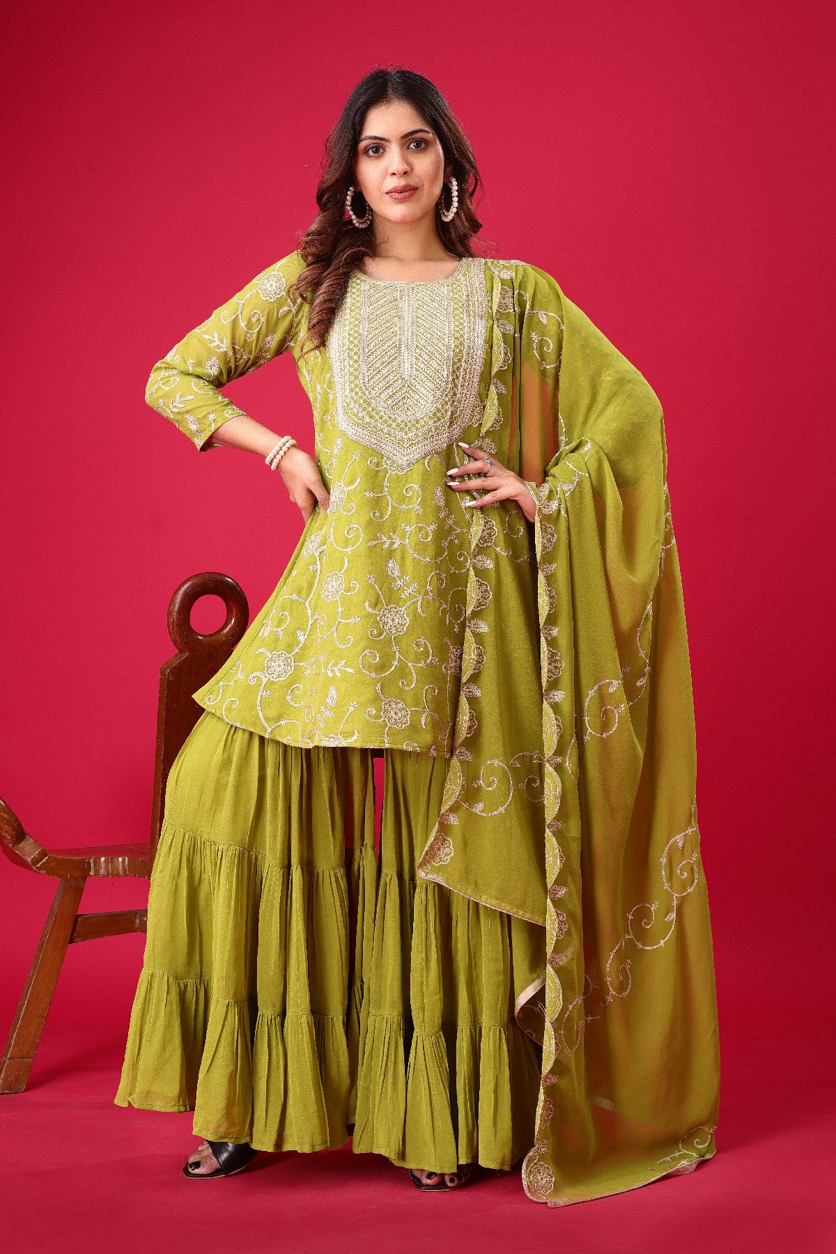 Enticing Georgette Embroidered Ruffle Top Sharara Suit