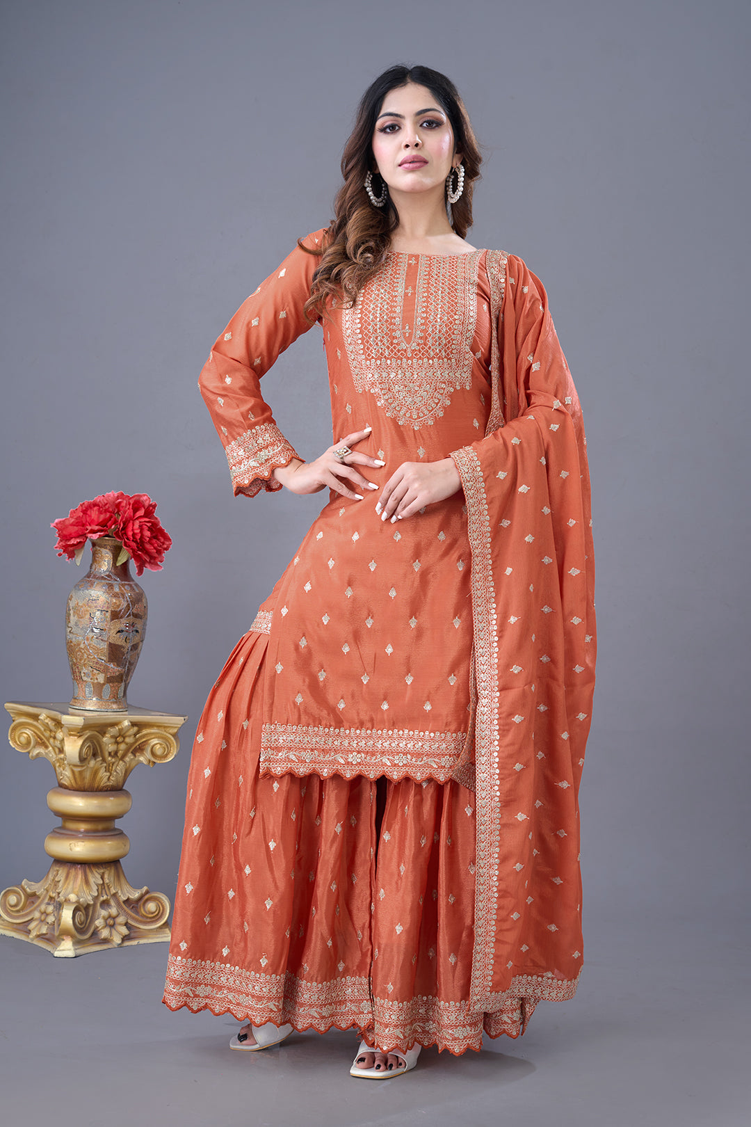 Exquisite Chinon Silk Heavy Sequins Embroidered Top Sharara Suit