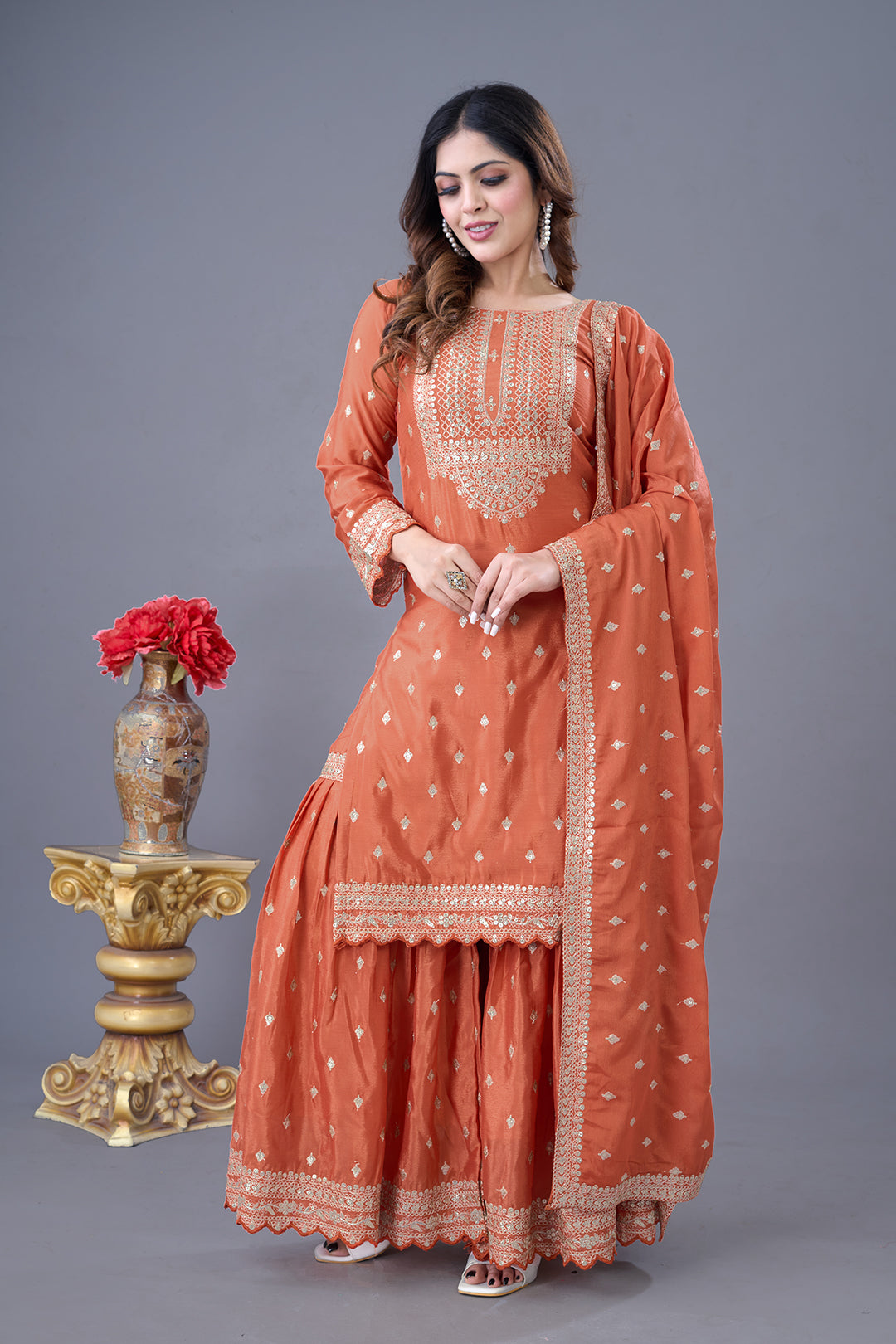 Exquisite Chinon Silk Heavy Sequins Embroidered Top Sharara Suit