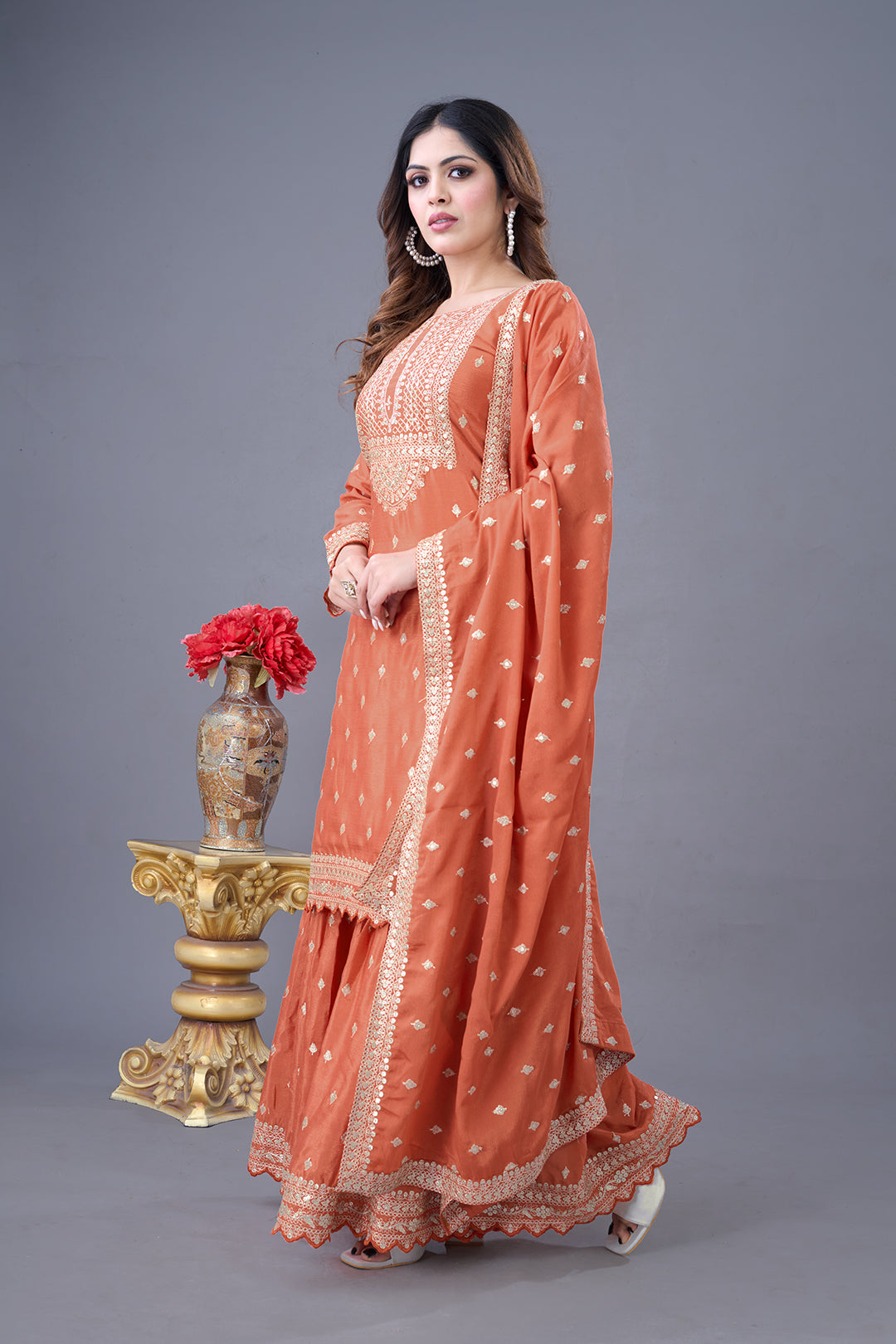 Exquisite Chinon Silk Heavy Sequins Embroidered Top Sharara Suit