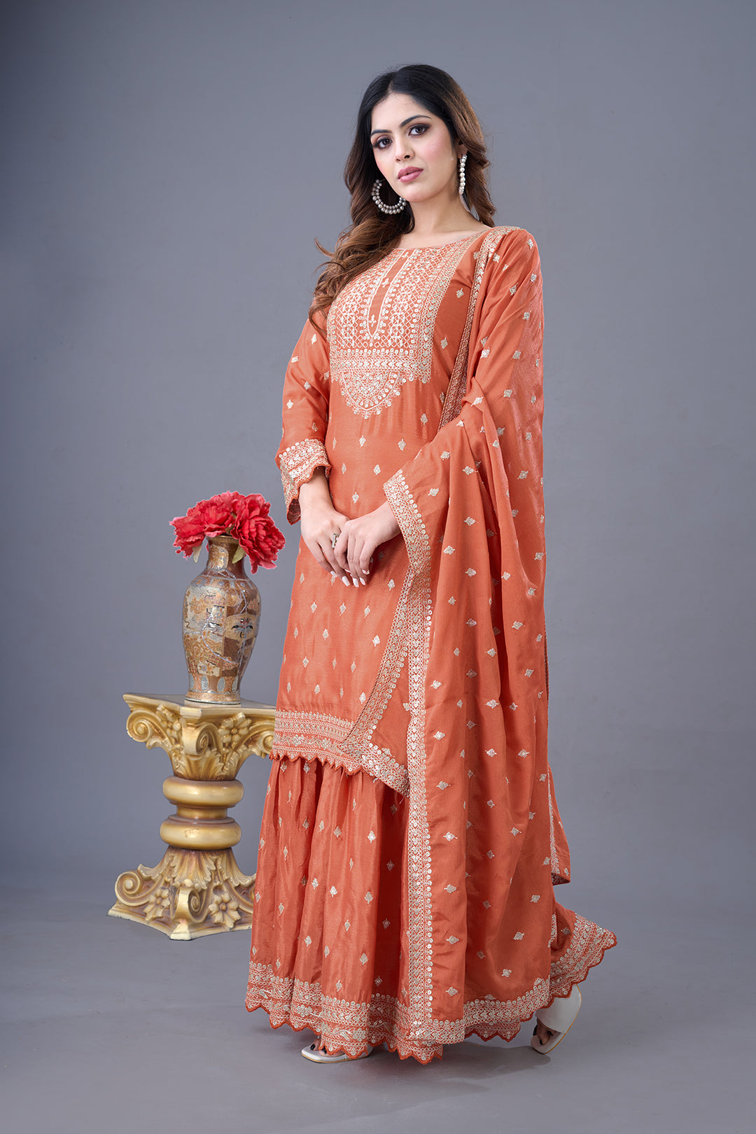 Exquisite Chinon Silk Heavy Sequins Embroidered Top Sharara Suit