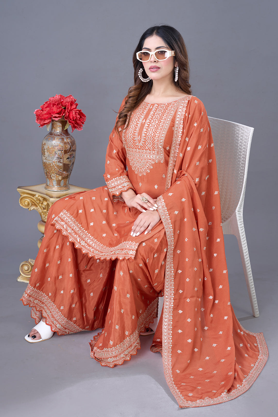 Exquisite Chinon Silk Heavy Sequins Embroidered Top Sharara Suit