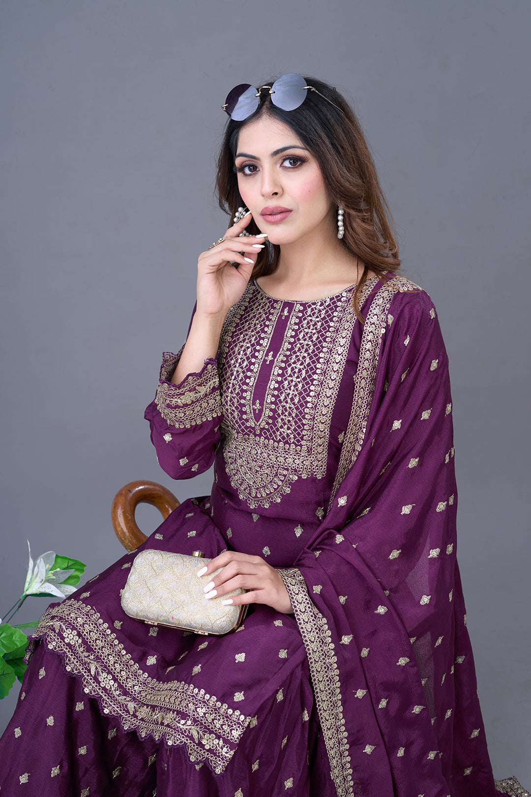 Exquisite Chinon Silk Heavy Sequins Embroidered Top Sharara Suit