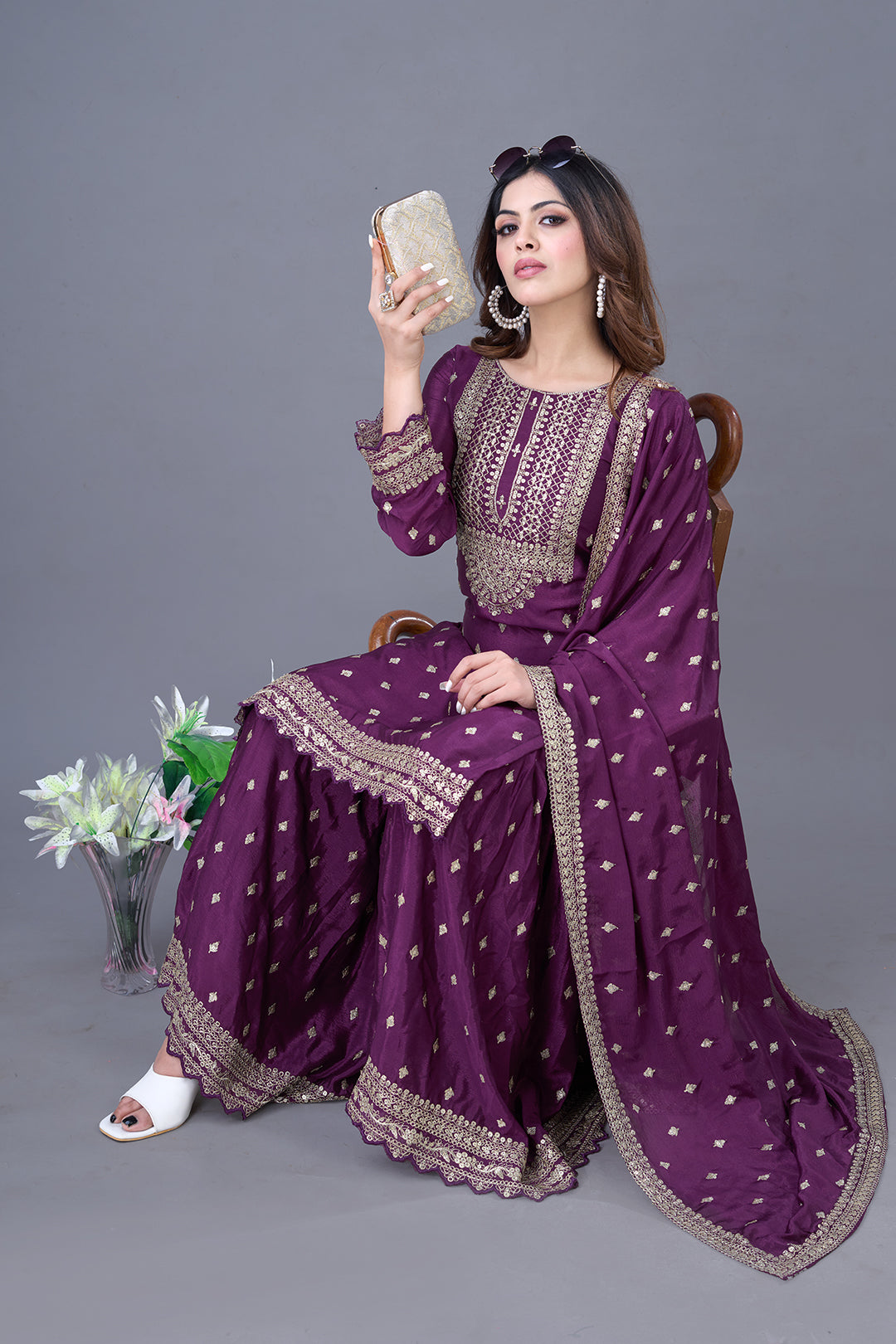 Exquisite Chinon Silk Heavy Sequins Embroidered Top Sharara Suit
