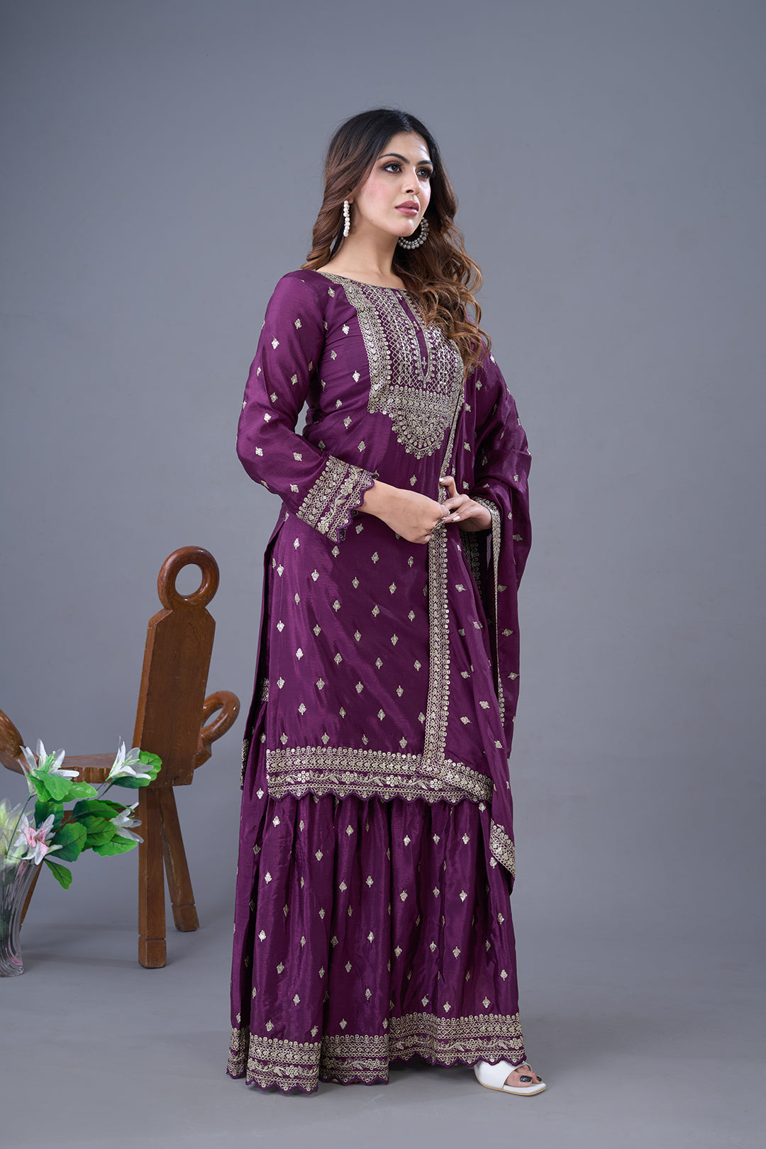 Exquisite Chinon Silk Heavy Sequins Embroidered Top Sharara Suit