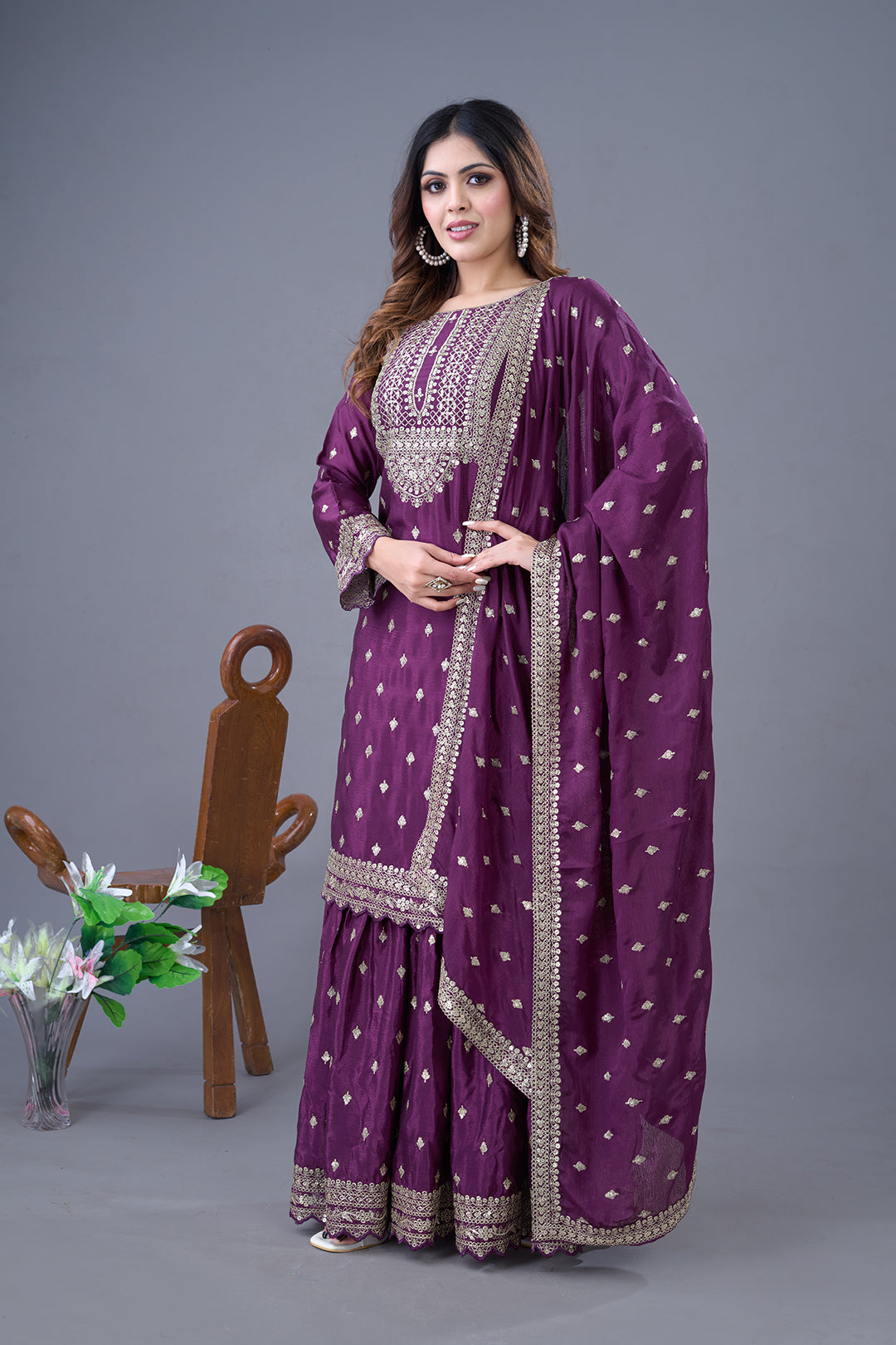 Exquisite Chinon Silk Heavy Sequins Embroidered Top Sharara Suit