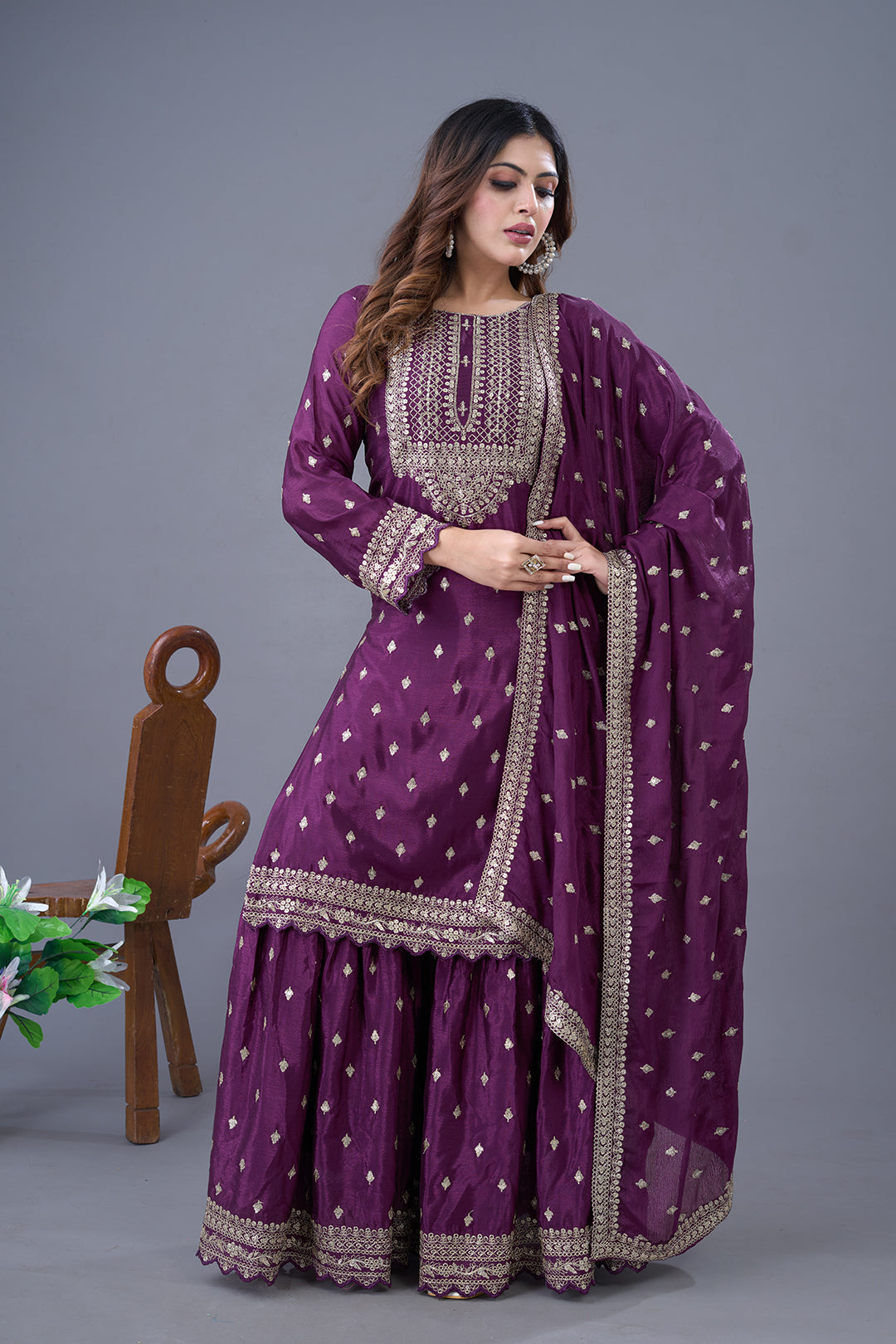 Exquisite Chinon Silk Heavy Sequins Embroidered Top Sharara Suit