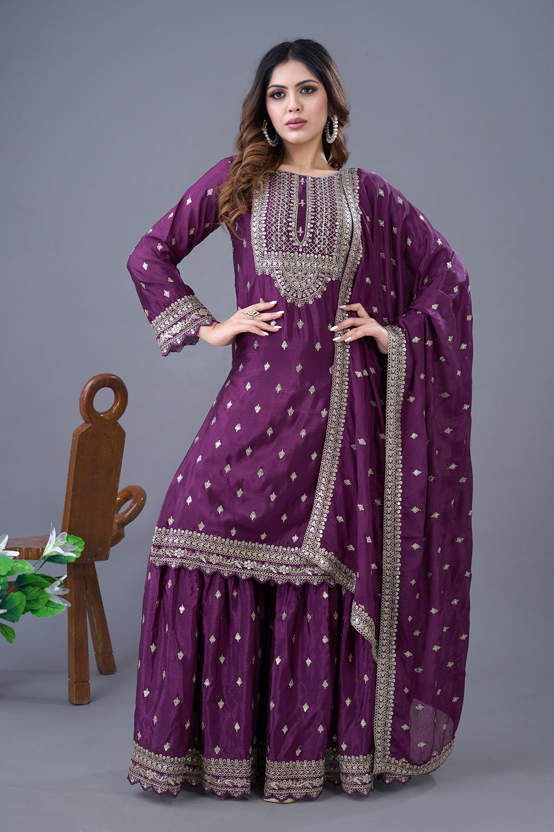 Exquisite Chinon Silk Heavy Sequins Embroidered Top Sharara Suit