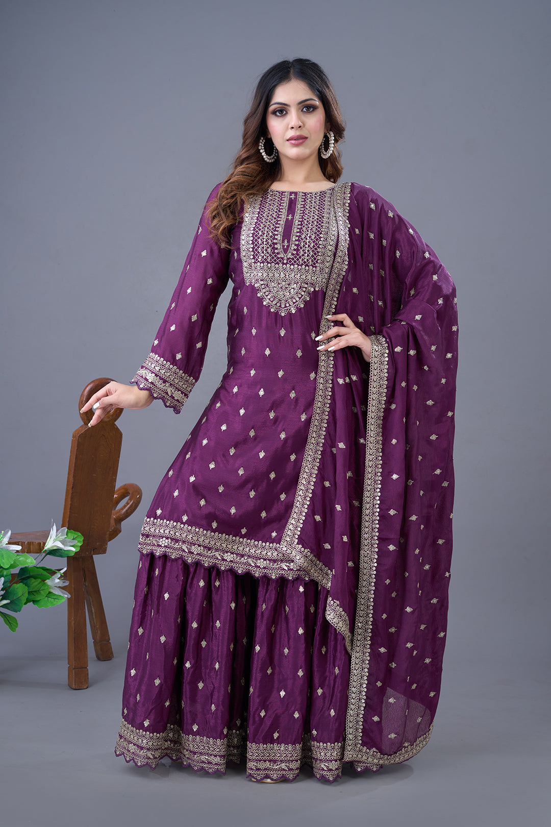 Exquisite Chinon Silk Heavy Sequins Embroidered Top Sharara Suit