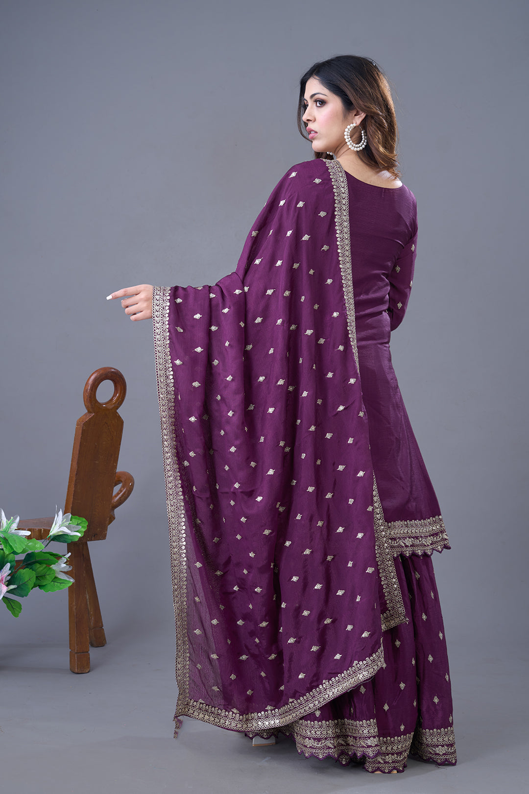 Exquisite Chinon Silk Heavy Sequins Embroidered Top Sharara Suit