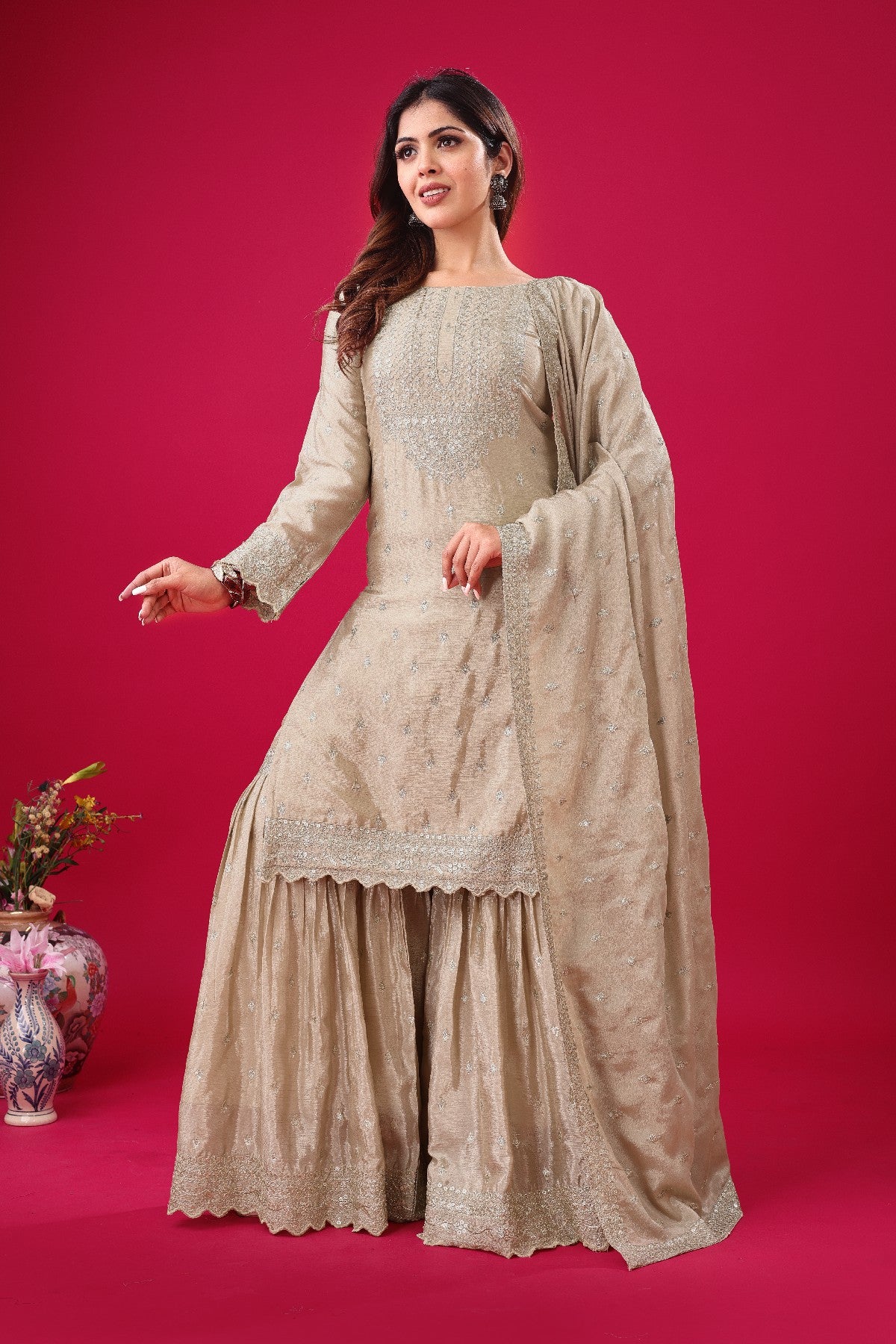 Exquisite Chinon Silk Heavy Sequins Embroidered Top Sharara Suit