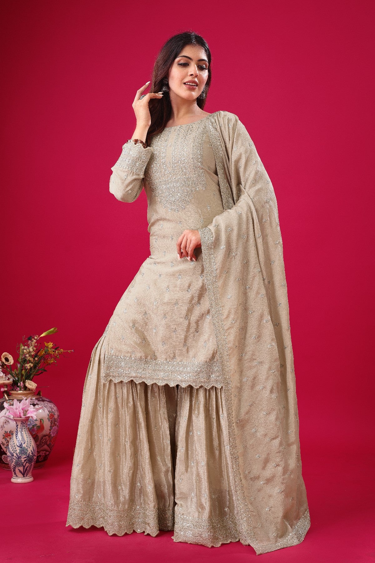 Exquisite Chinon Silk Heavy Sequins Embroidered Top Sharara Suit
