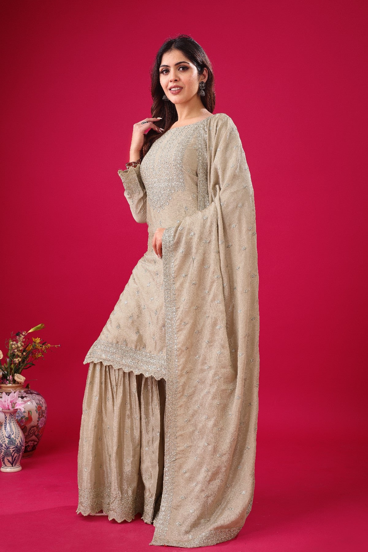 Exquisite Chinon Silk Heavy Sequins Embroidered Top Sharara Suit