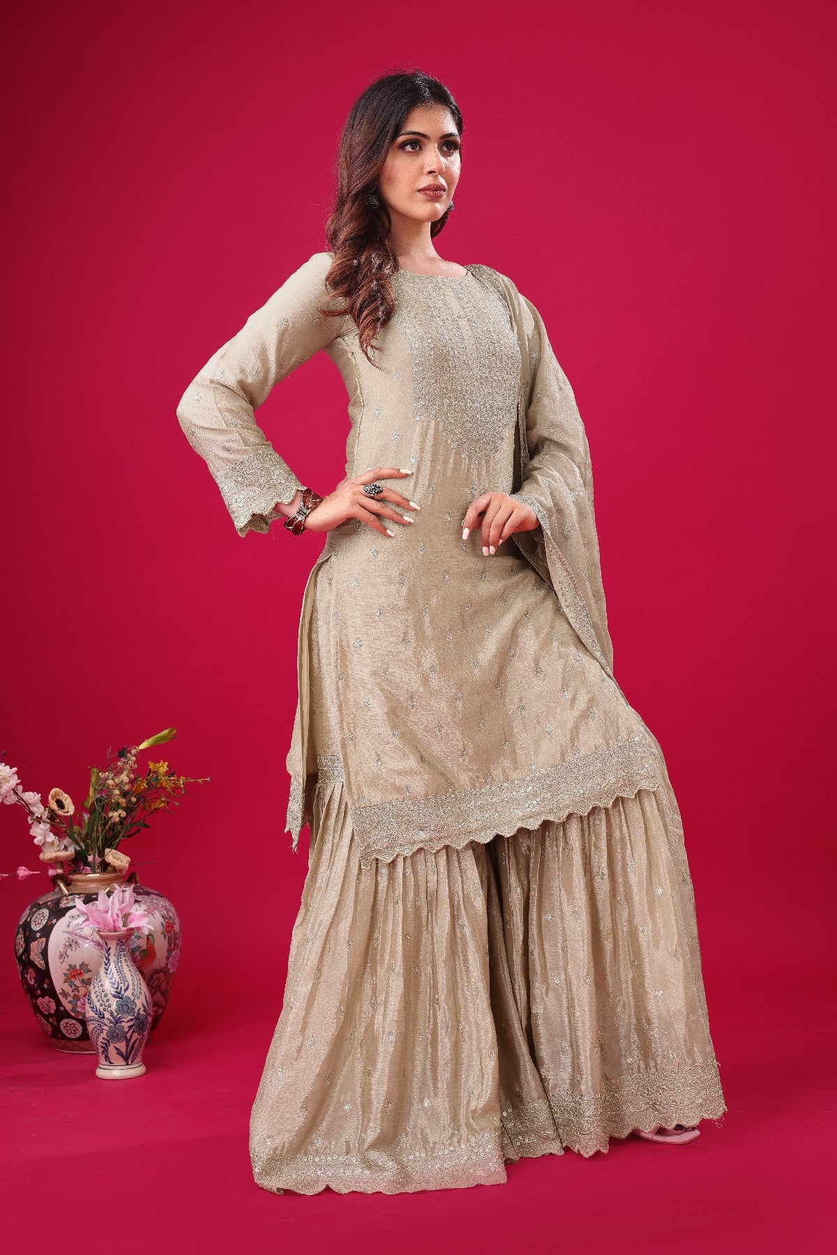 Exquisite Chinon Silk Heavy Sequins Embroidered Top Sharara Suit