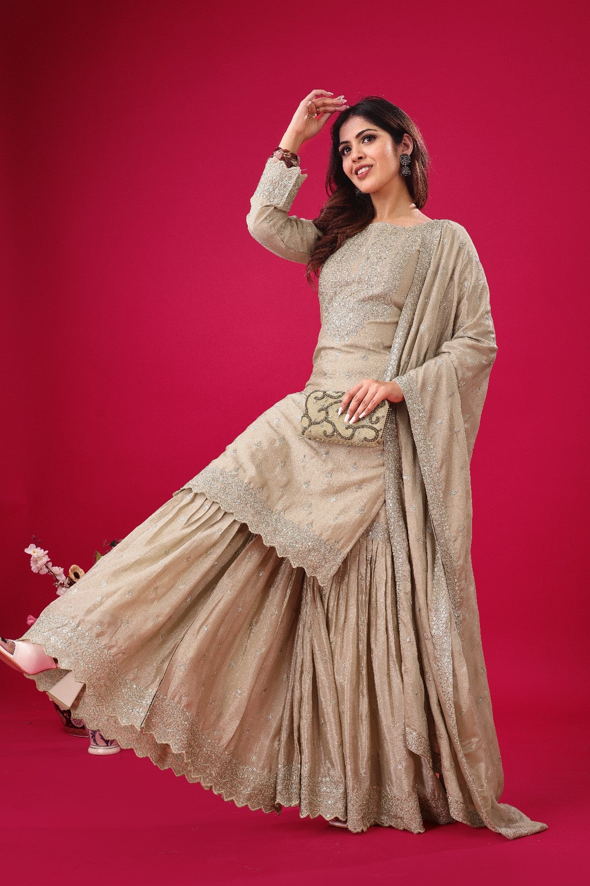 Exquisite Chinon Silk Heavy Sequins Embroidered Top Sharara Suit