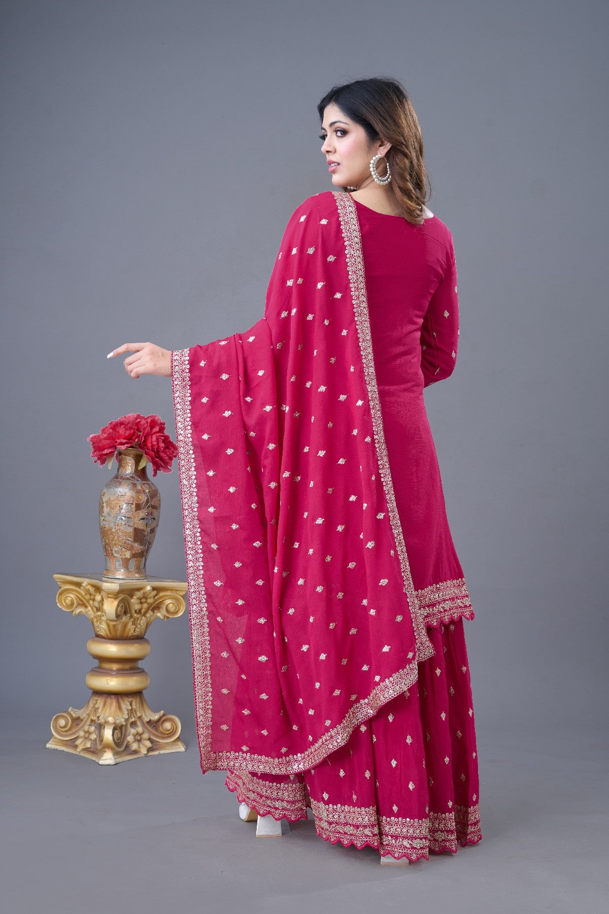 Exquisite Chinon Silk Heavy Sequins Embroidered Top Sharara Suit