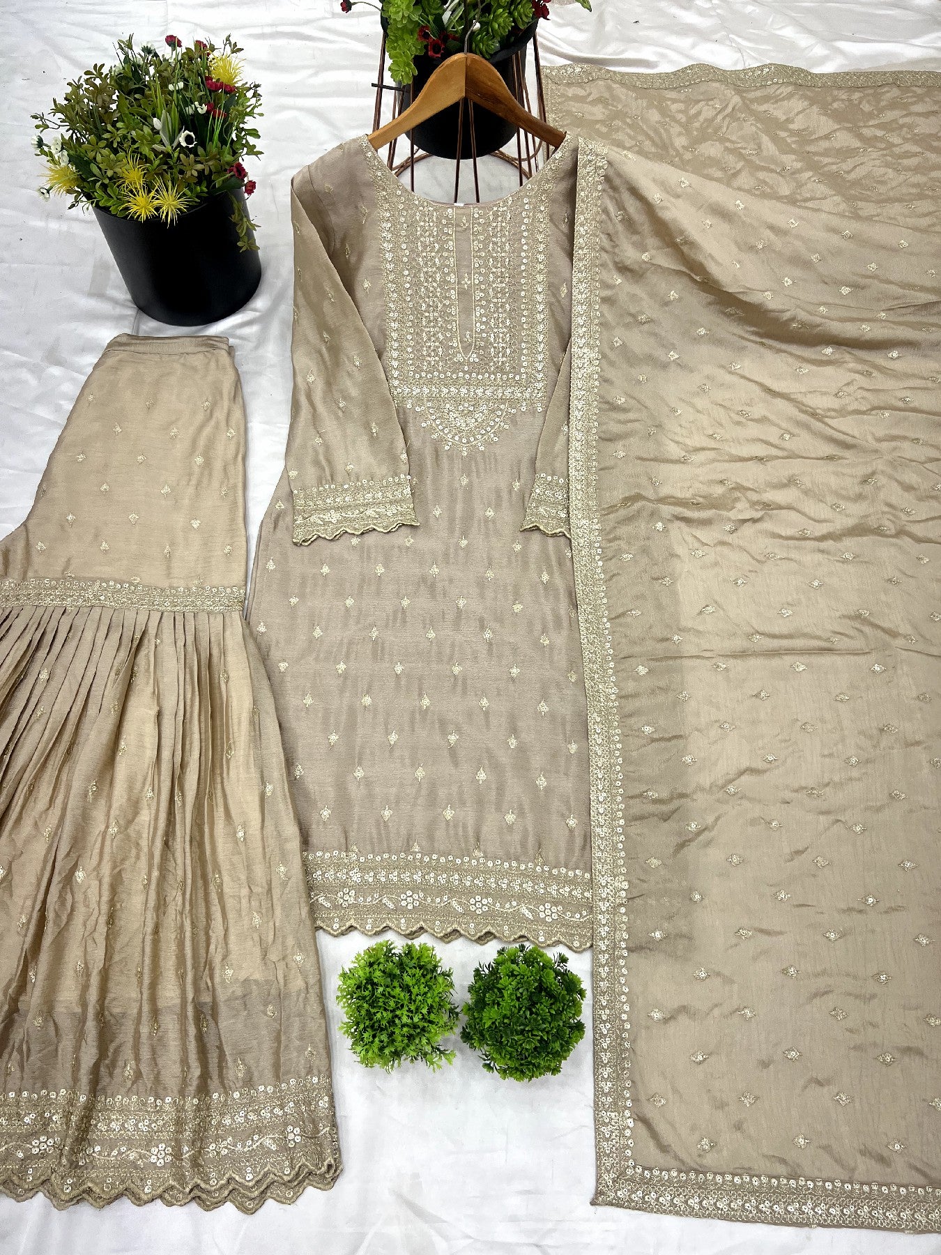 Exquisite Chinon Silk Heavy Sequins Embroidered Top Sharara Suit