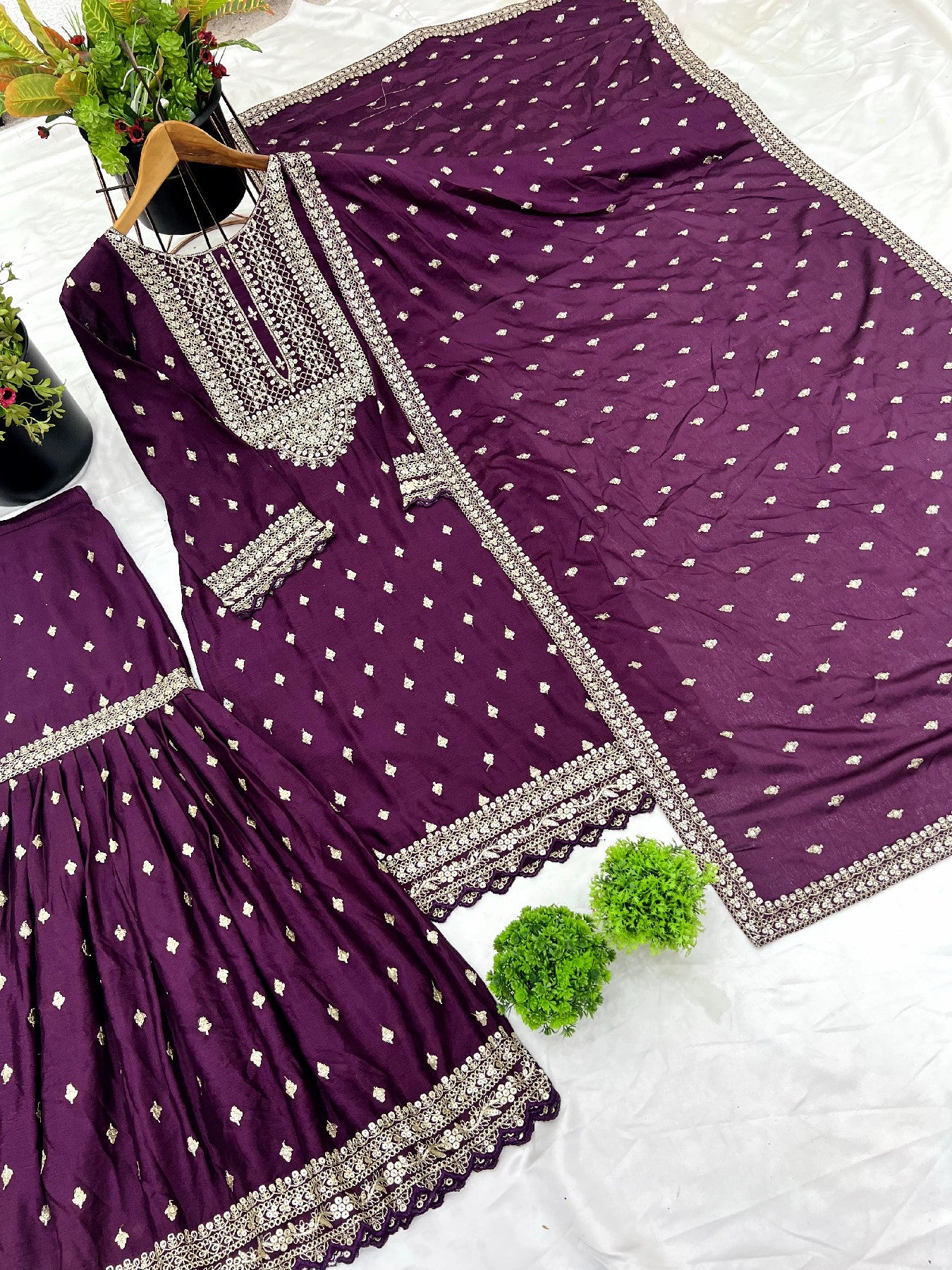 Exquisite Chinon Silk Heavy Sequins Embroidered Top Sharara Suit