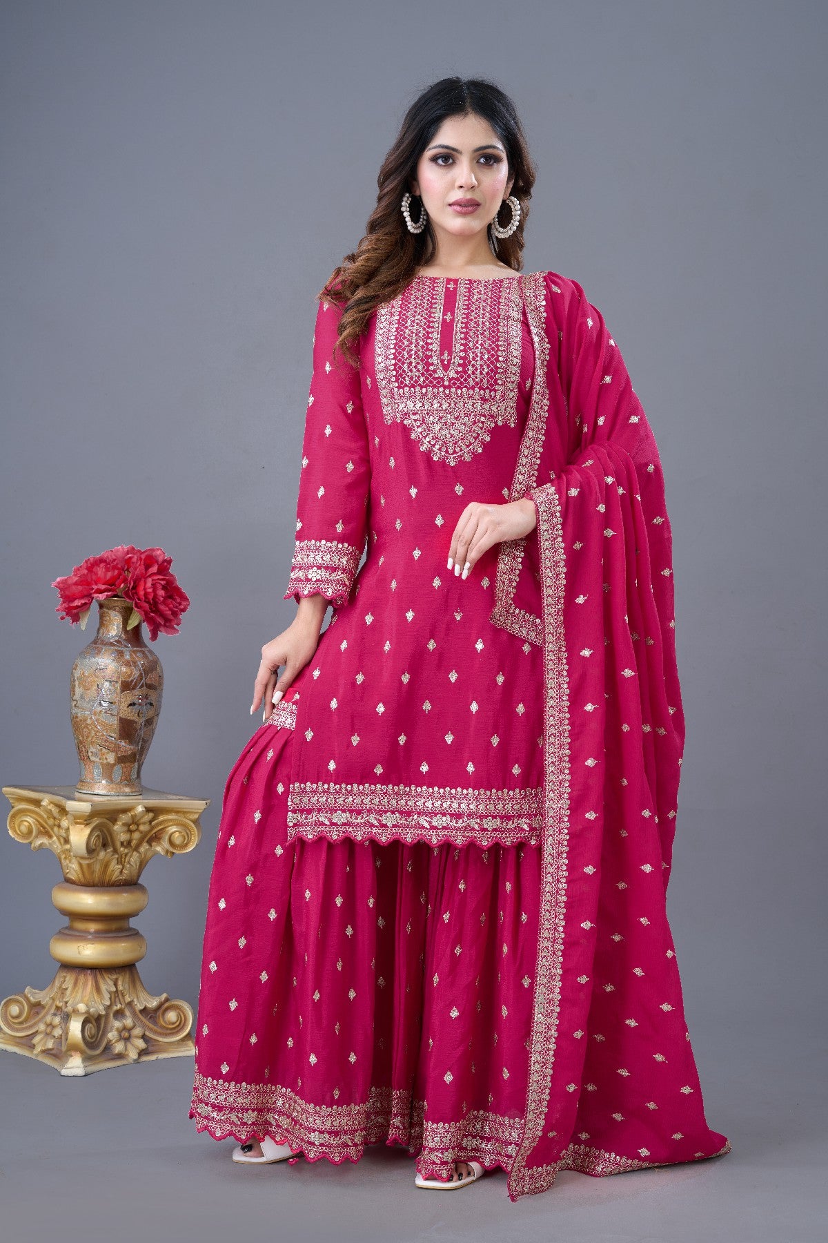 Exquisite Chinon Silk Heavy Sequins Embroidered Top Sharara Suit