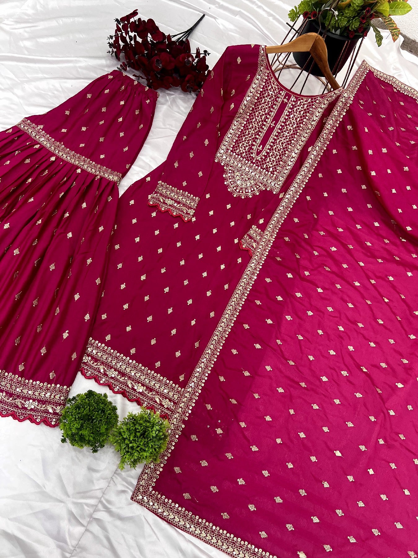 Exquisite Chinon Silk Heavy Sequins Embroidered Top Sharara Suit