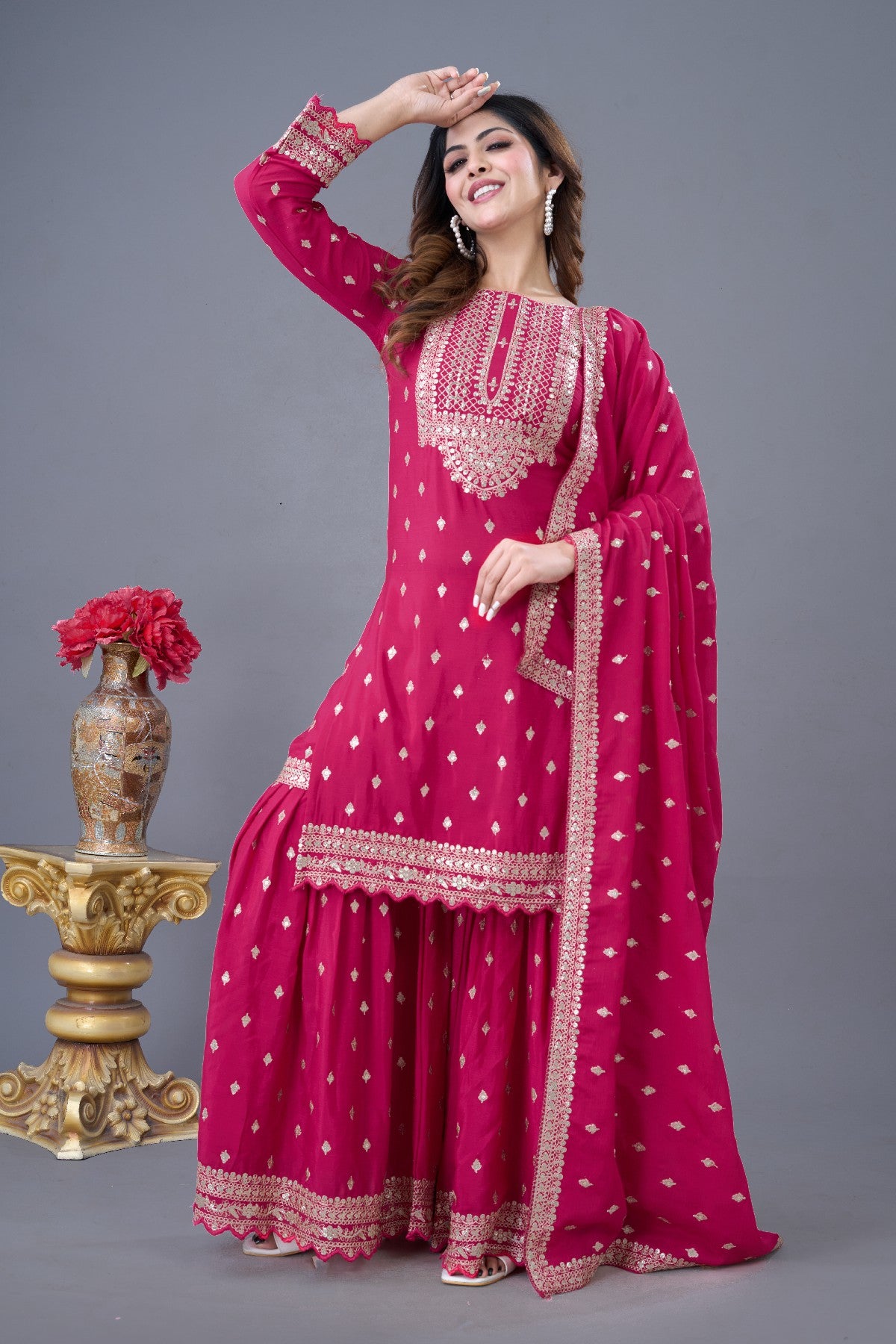 Exquisite Chinon Silk Heavy Sequins Embroidered Top Sharara Suit