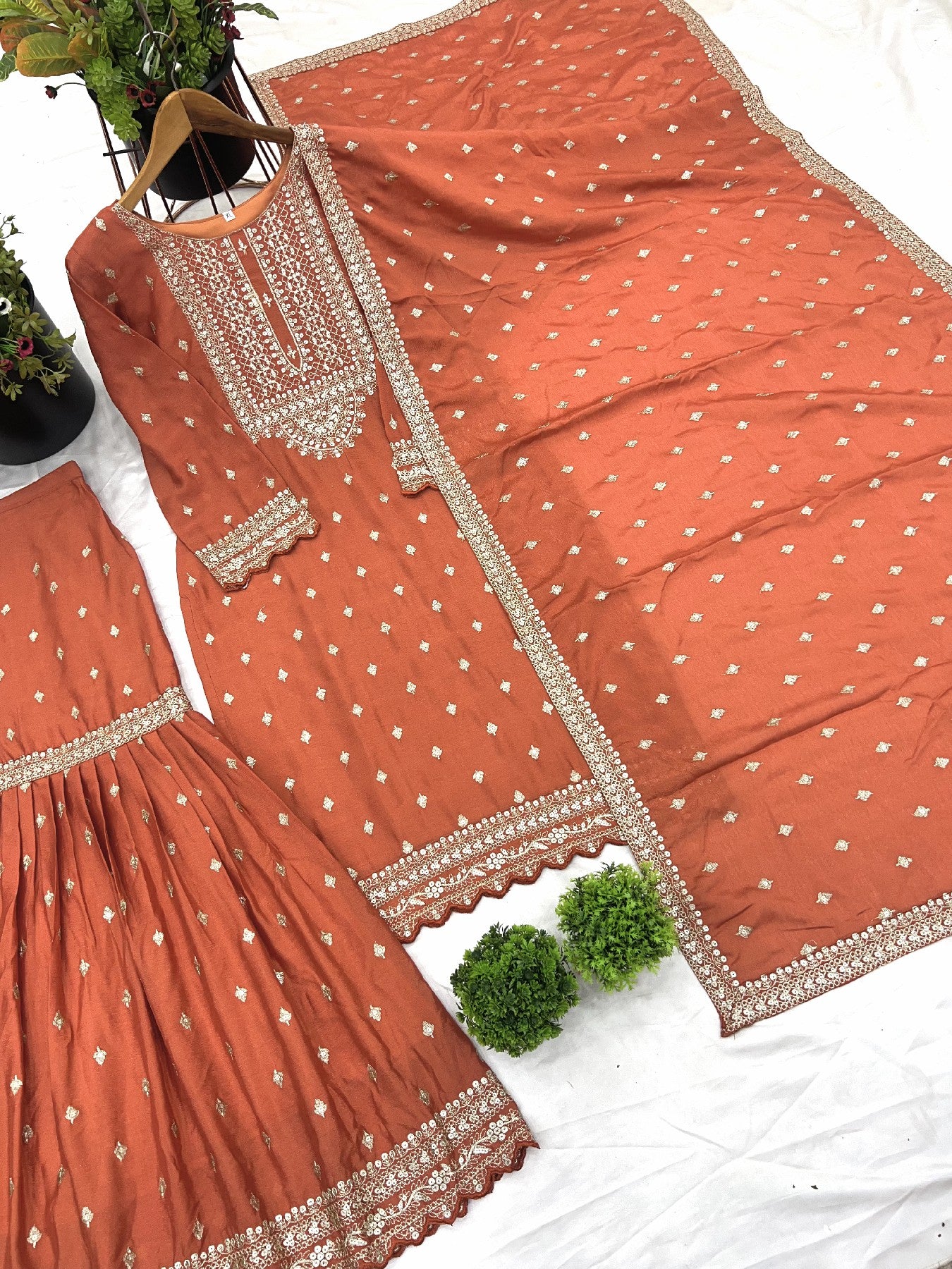 Exquisite Chinon Silk Heavy Sequins Embroidered Top Sharara Suit