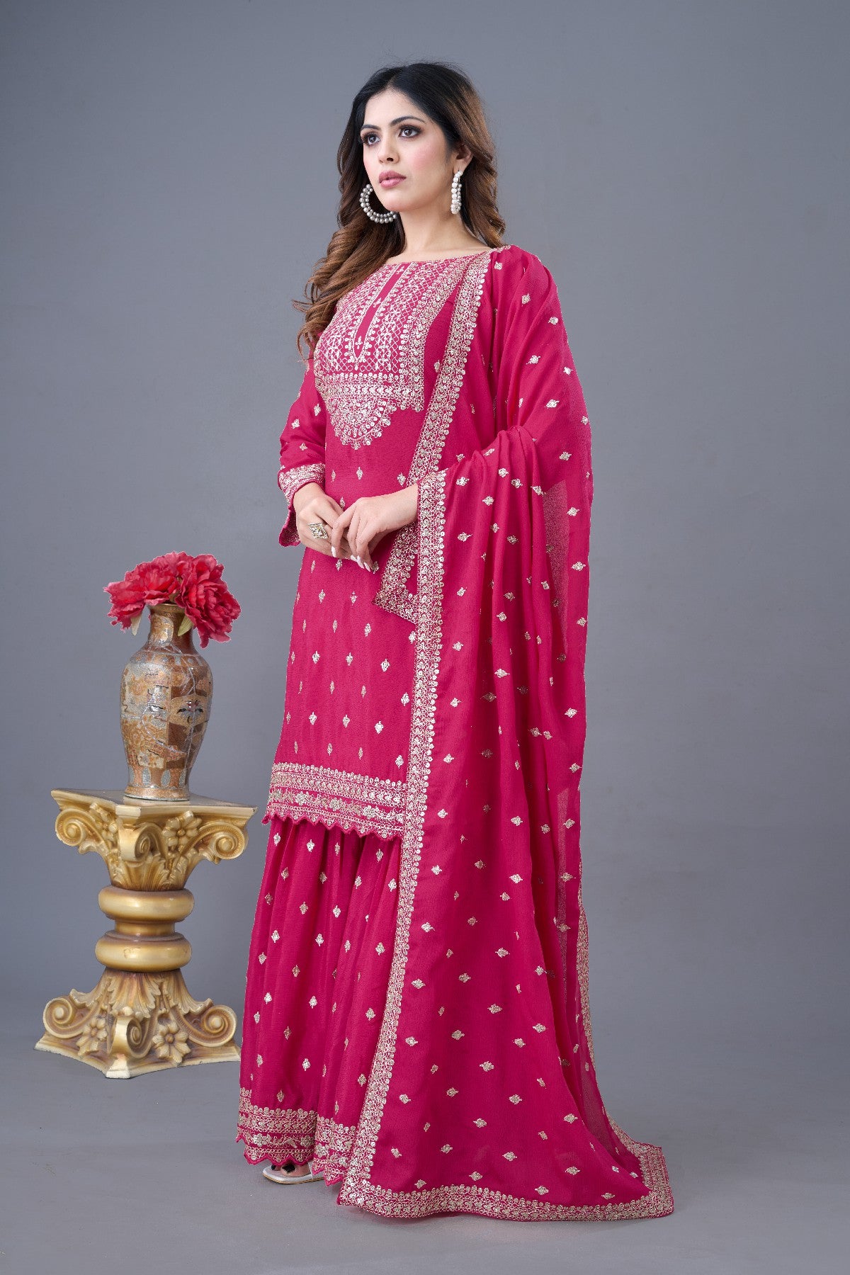 Exquisite Chinon Silk Heavy Sequins Embroidered Top Sharara Suit