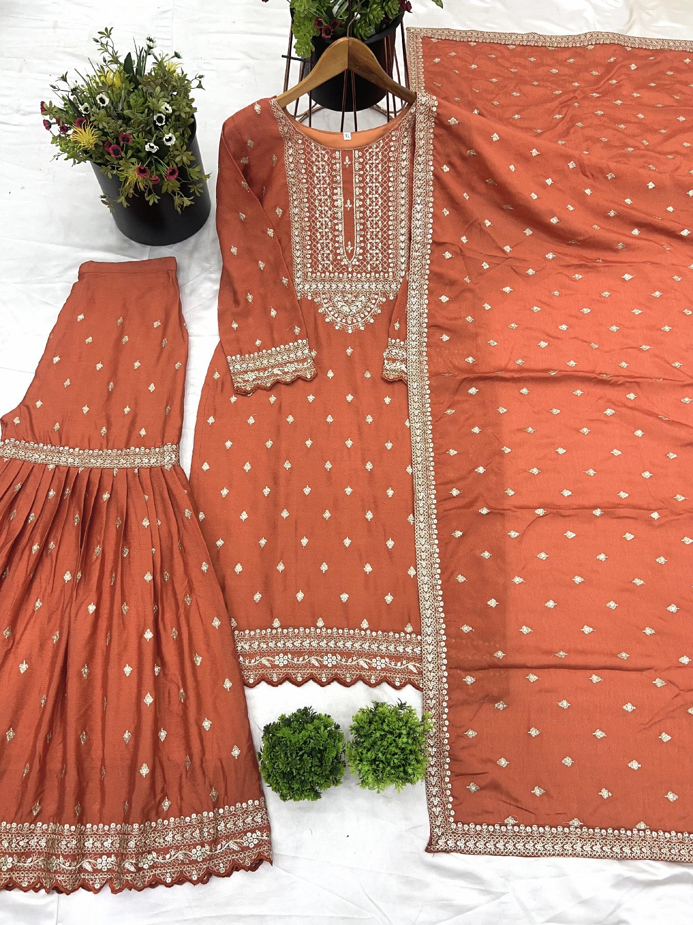 Exquisite Chinon Silk Heavy Sequins Embroidered Top Sharara Suit