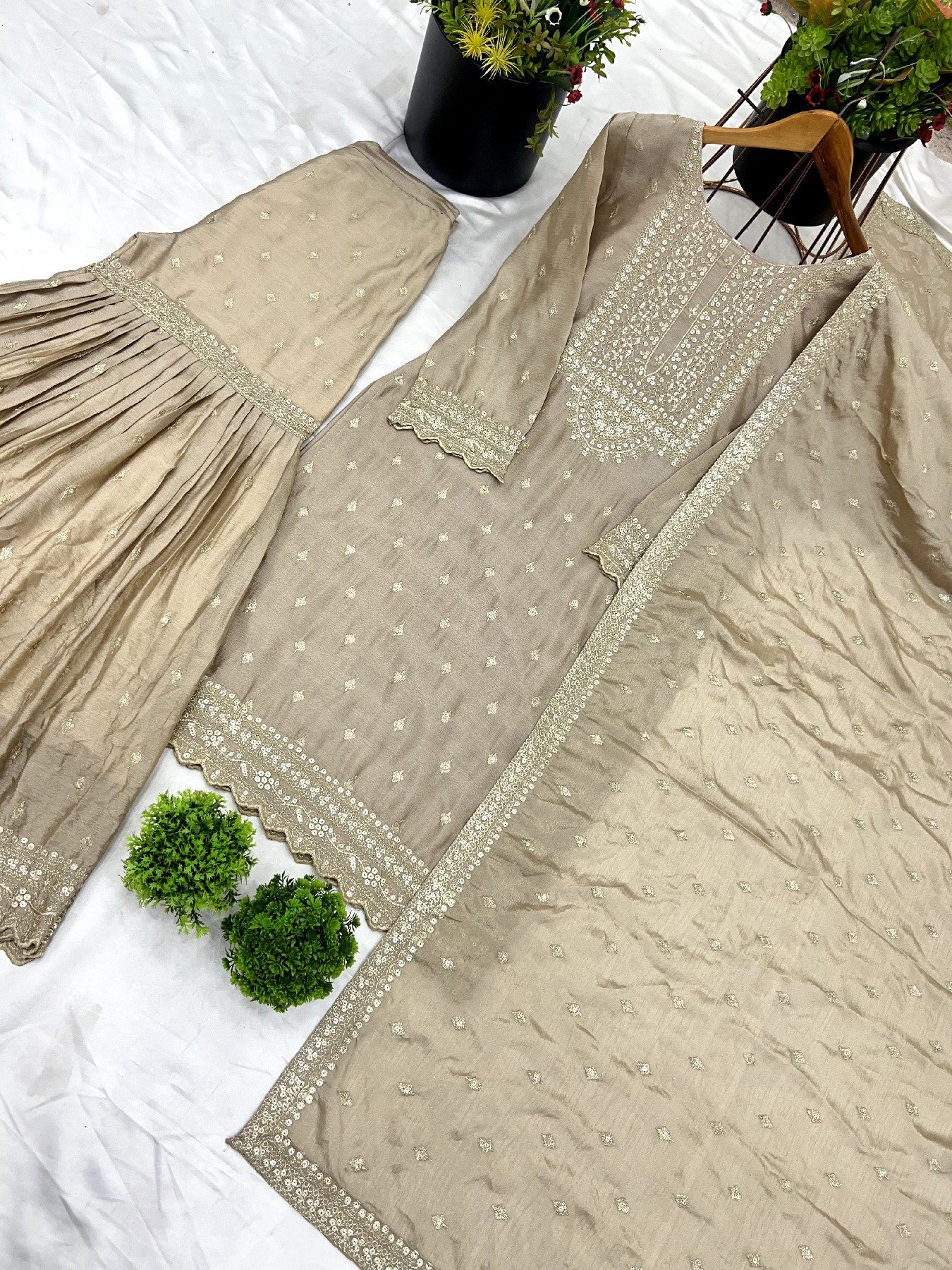 Exquisite Chinon Silk Heavy Sequins Embroidered Top Sharara Suit
