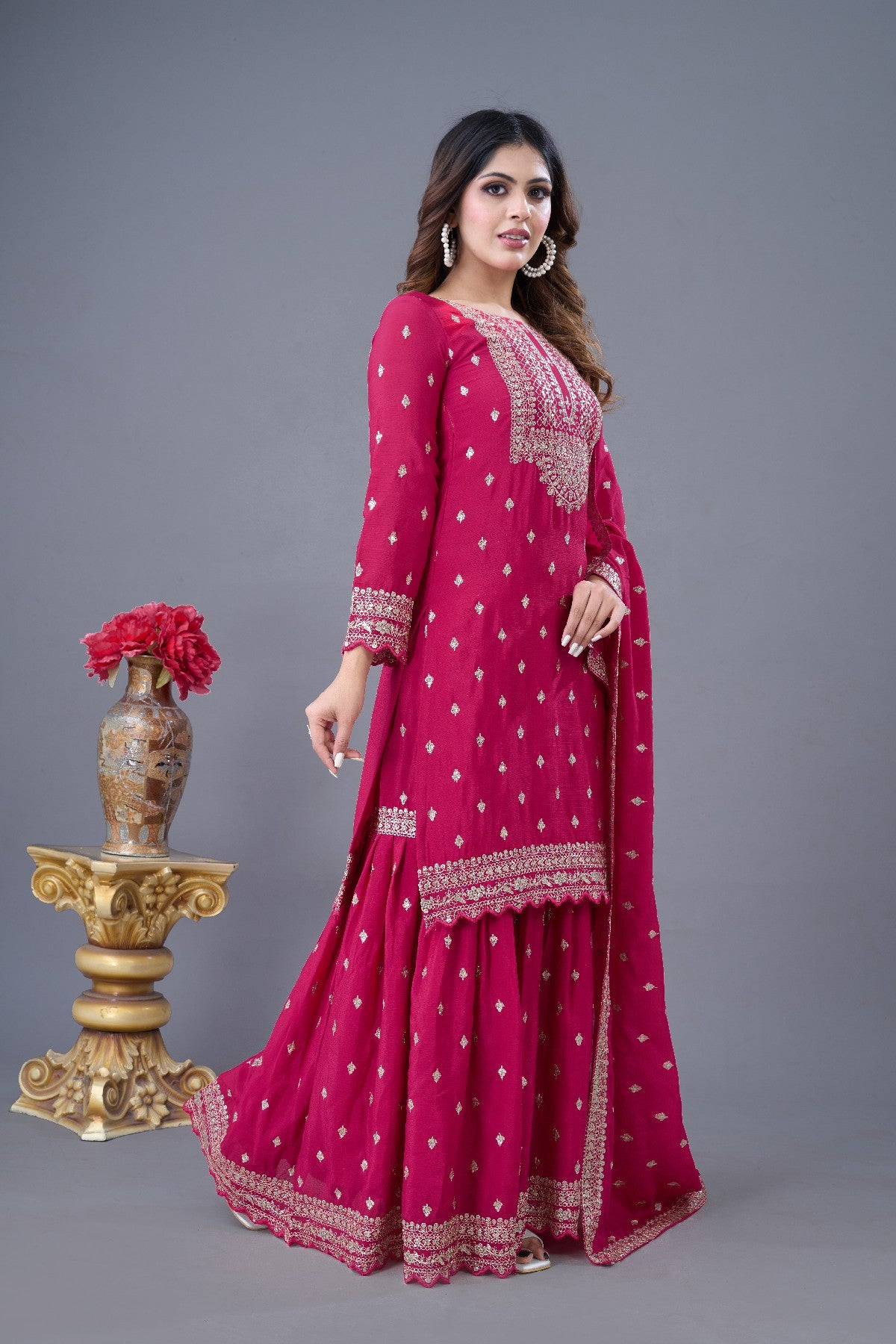 Exquisite Chinon Silk Heavy Sequins Embroidered Top Sharara Suit