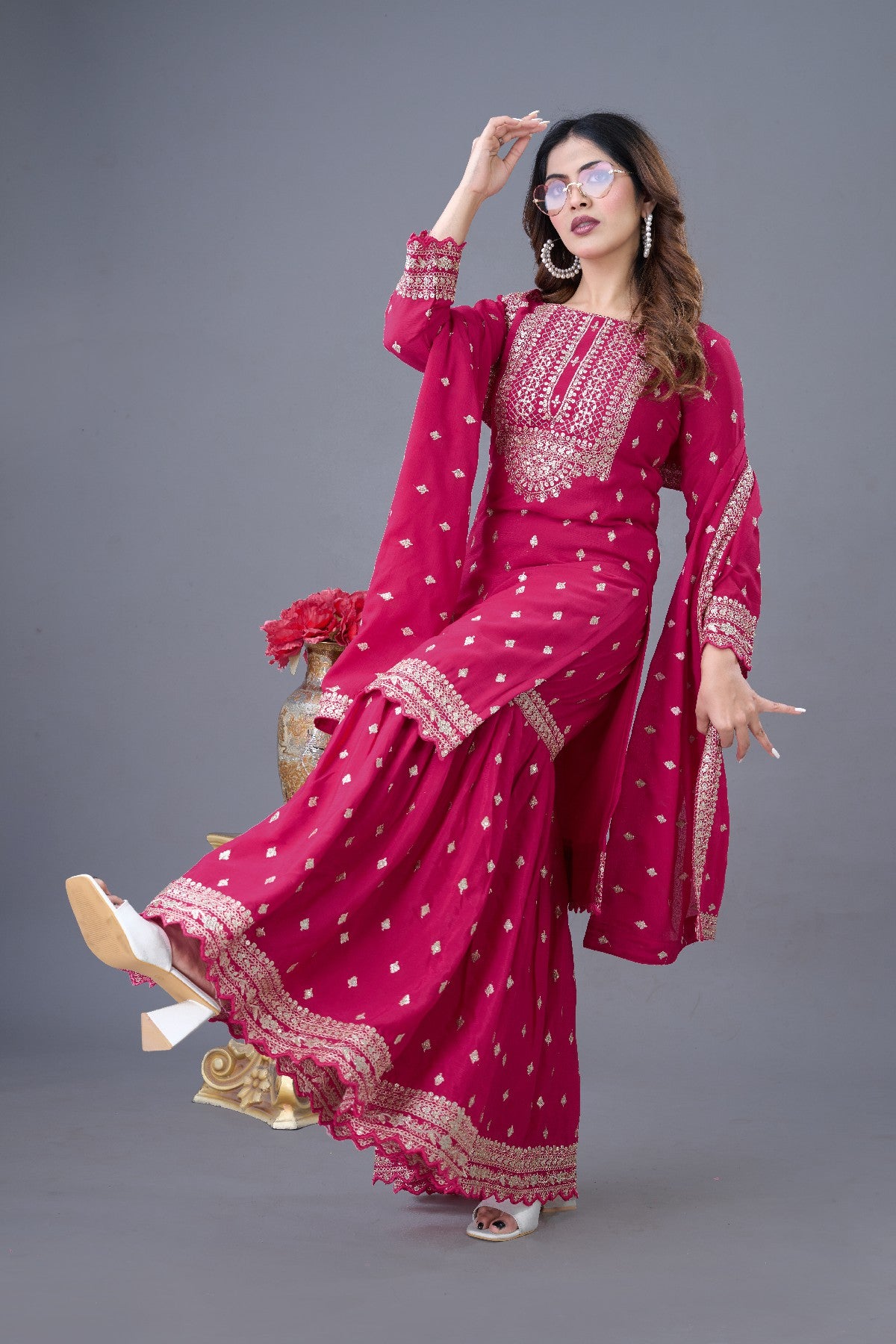 Exquisite Chinon Silk Heavy Sequins Embroidered Top Sharara Suit